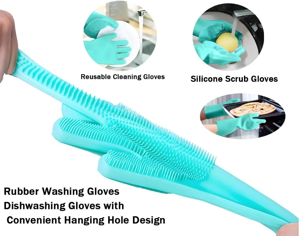 2 pairs Silicone Dishwashing & Pet Grooming Gloves - 2-in-1 Heat Resistant Gloves with High-Density Teeth, Enhanced Five Finger Design for Bathing, Cleaning Dishes, Cars, Dogs & Cats(Green)