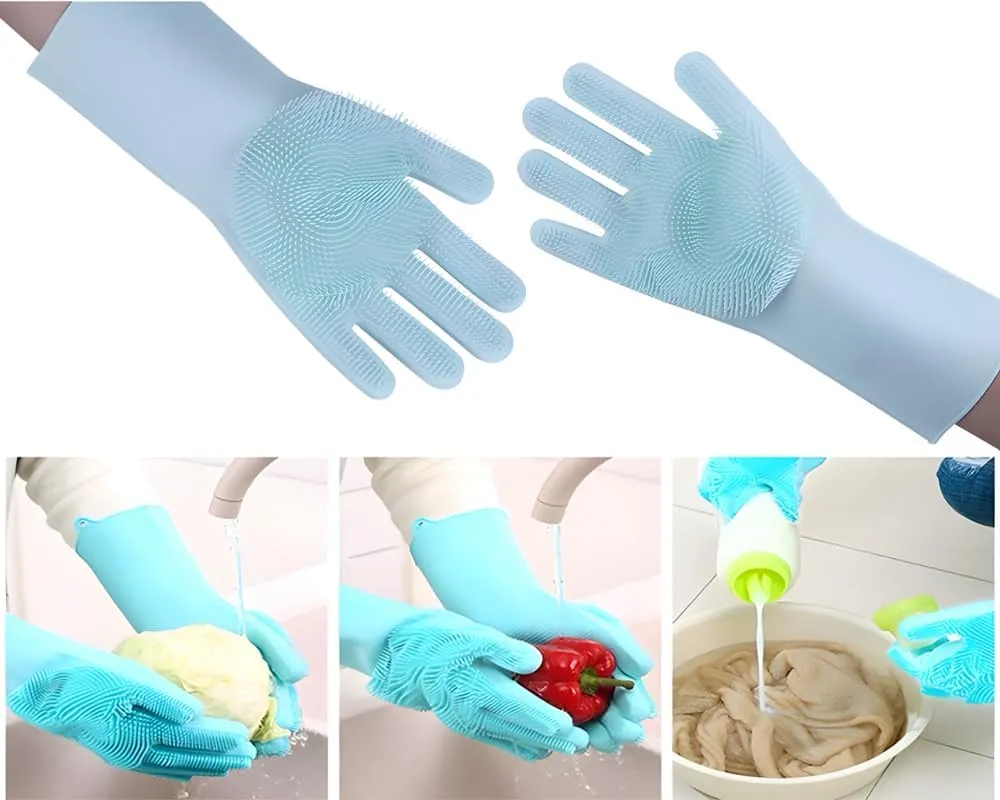 2 pairs Silicone Dishwashing & Pet Grooming Gloves - 2-in-1 Heat Resistant Gloves with High-Density Teeth, Enhanced Five Finger Design for Bathing, Cleaning Dishes, Cars, Dogs & Cats(Green)