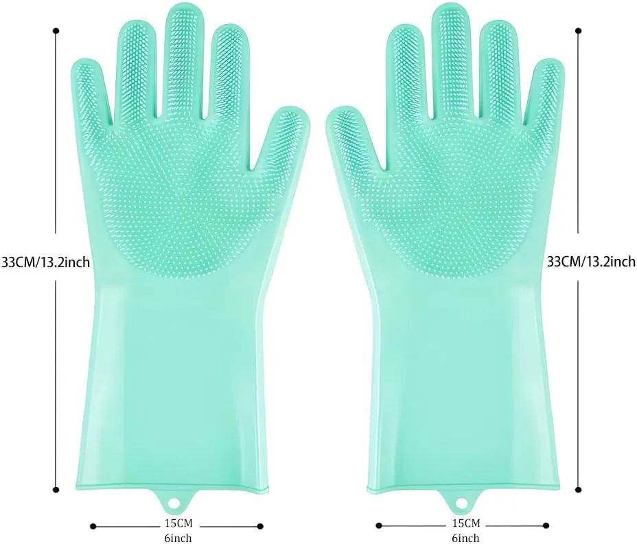 2 pairs Silicone Dishwashing & Pet Grooming Gloves - 2-in-1 Heat Resistant Gloves with High-Density Teeth, Enhanced Five Finger Design for Bathing, Cleaning Dishes, Cars, Dogs & Cats(Green)