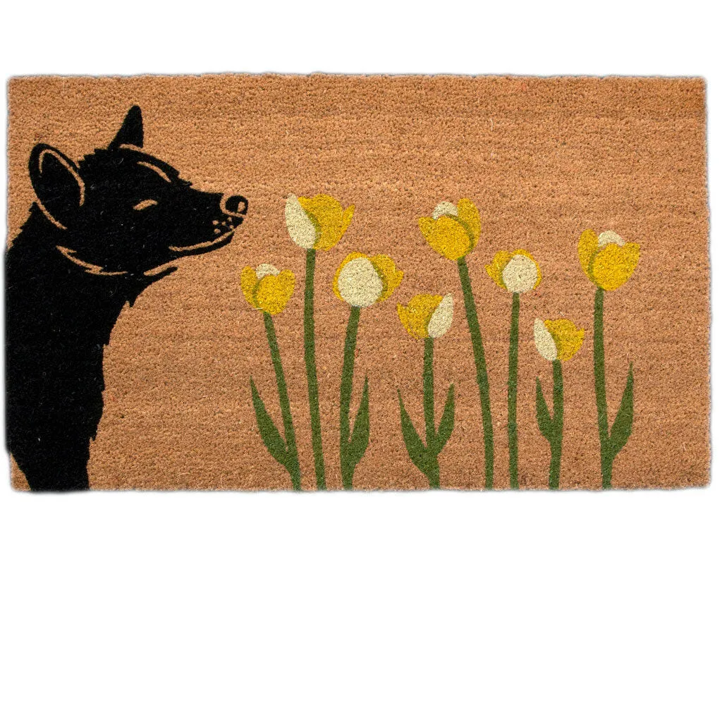 4 Cats & Dogs Spring Dog Sniff the Tulips Rectangular Entrance Mat