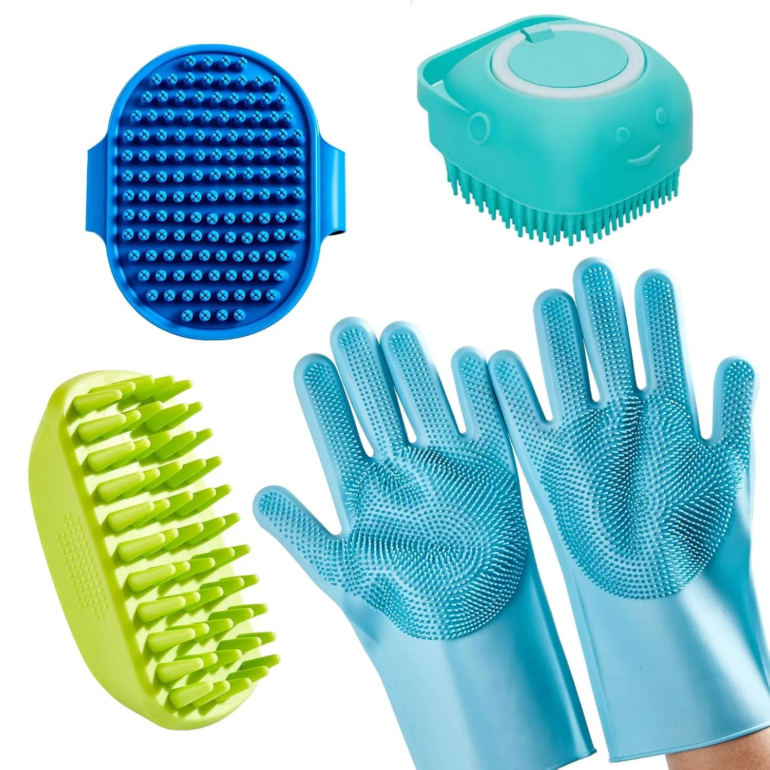 4-Piece Rubber Pet Grooming Kit for Dogs and Cats - Gentle Deshedding Brush & Massage Gloves, Suitable for Short & Long Hair, Bathing and Shedding Tool3 * Blue Green