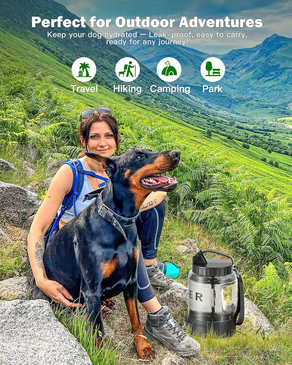 77oz Large Dog Water Bottle Travel - Portable Dog Travel Water Dispenser with Bowl, Ideal for Travelling, Hiking, Camping, Parks, Outdoor, Black