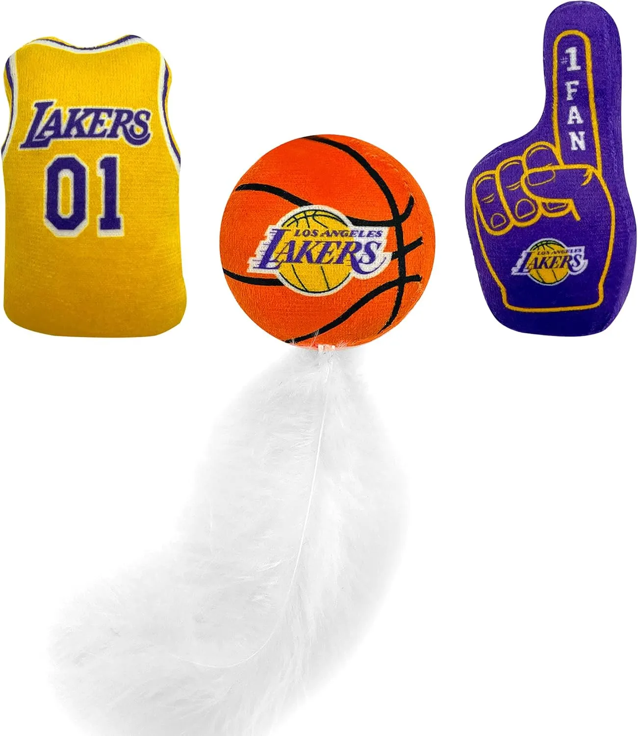 Best Plush CAT Toy - NBA LA Lakers Complete Set of 3 Piece Cat Toys Filled with Fresh Catnip. Includes: 1 Jersey Cat Toy, 1 Basketball Cat Toy with Feathers & 1#1 Fan Cat Toy. Beautiful Team Logos