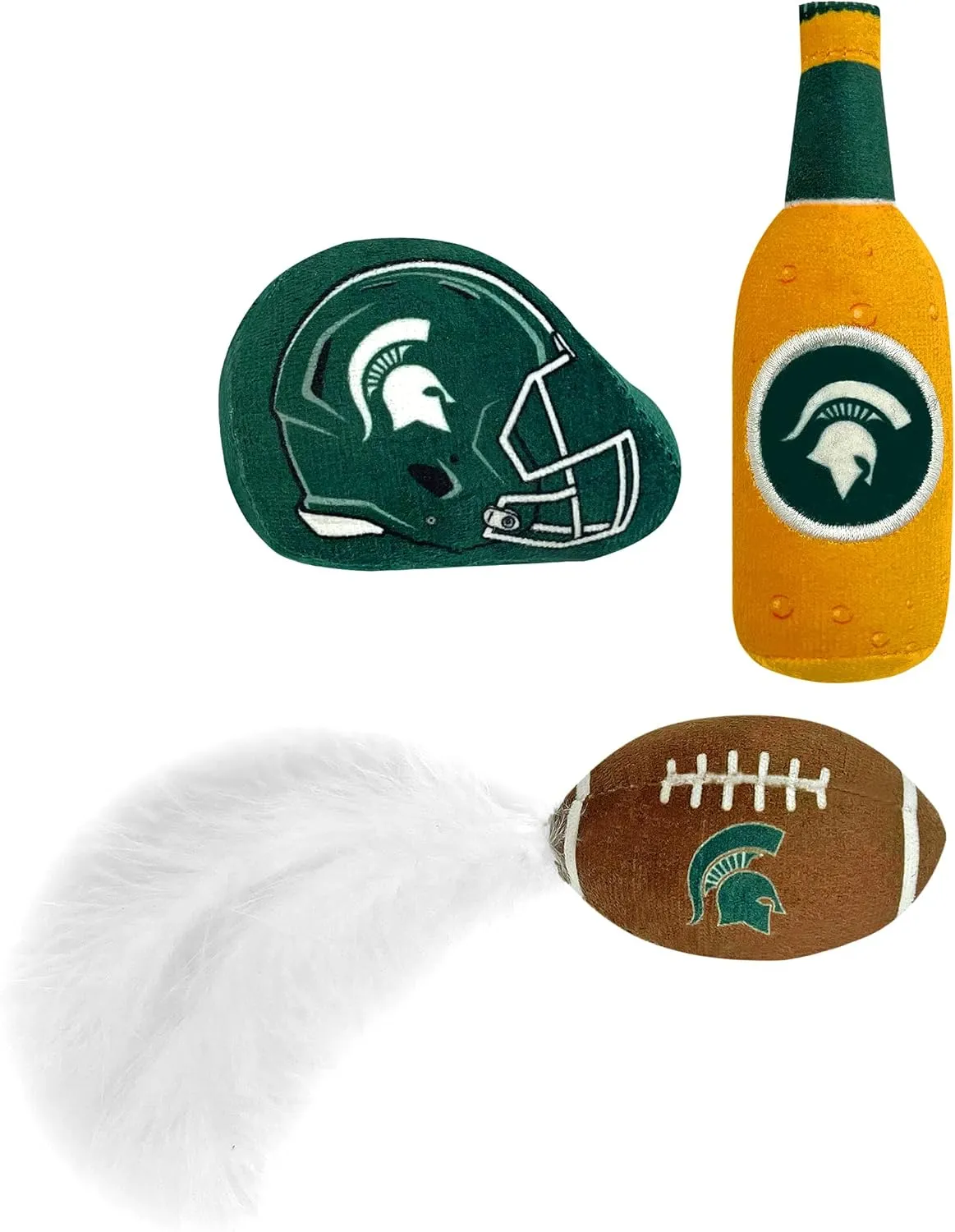 BEST PLUSH CAT TOY: NCAA MICHIGAN STATE SPARTANS Complete Set of 3 piece Cat Toys filled with Fresh Catnip. Includes: 1 Helmet Cat Toy, 1 Football Cat Toy with Feathers & 1 Beer Bottle. With Team LOGO
