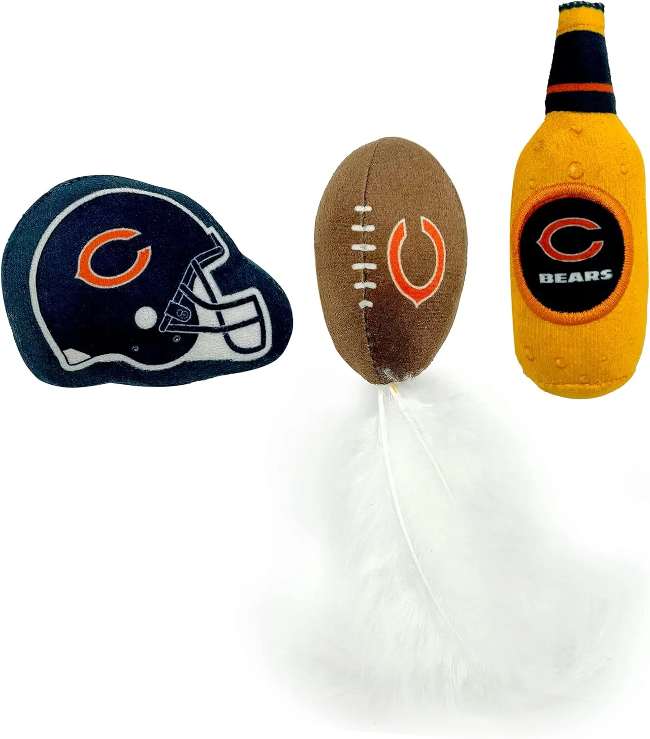 BEST PLUSH CAT TOY - NFL CHICAGO BEARS Complete Set of 3 piece Cat Toys filled with Fresh Catnip. Includes: 1 Helmet Cat Toy, 1 Football Cat Toy with Feathers & 1 Beer Bottle. Beautiful Team LOGOS