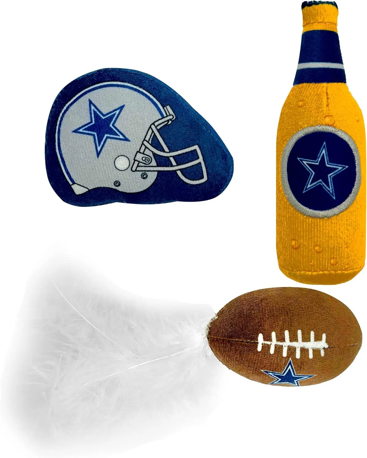 BEST PLUSH CAT TOY - NFL DALLAS COWBOYS Complete Set of 3 piece Cat Toys filled with Fresh Catnip. Includes: 1 Helmet Cat Toy, 1 Football Cat Toy with Feathers & 1 Beer Bottle. Beautiful Team LOGOS