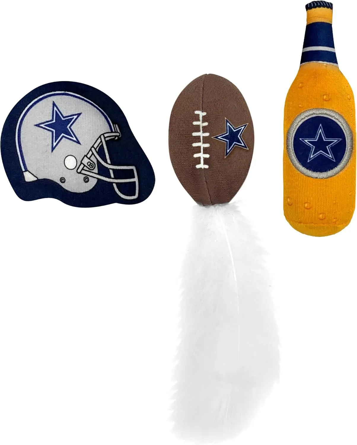 BEST PLUSH CAT TOY - NFL DALLAS COWBOYS Complete Set of 3 piece Cat Toys filled with Fresh Catnip. Includes: 1 Helmet Cat Toy, 1 Football Cat Toy with Feathers & 1 Beer Bottle. Beautiful Team LOGOS