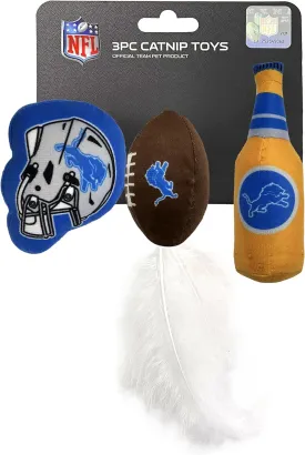 BEST PLUSH CAT TOY - NFL DETROIT LIONS Complete Set of 3 piece Cat Toys filled with Fresh Catnip. Includes: 1 Helmet Cat Toy, 1 Football Cat Toy with Feathers & 1 Beer Bottle. Beautiful Team LOGOS