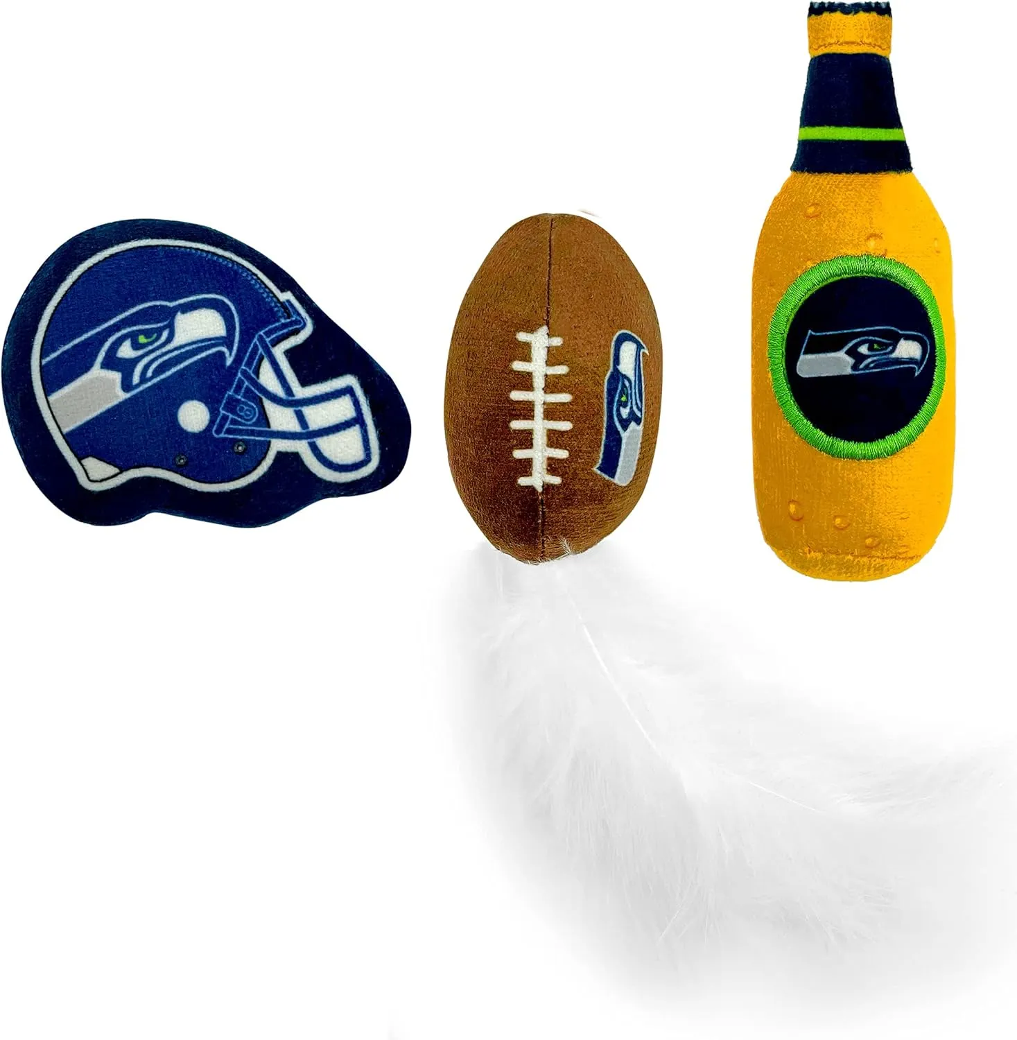 BEST PLUSH CAT TOY - NFL SEATTLE SEAHAWKS Complete Set of 3 piece Cat Toys filled with Fresh Catnip. Includes: 1 Helmet Cat Toy, 1 Football Cat Toy with Feathers & 1 Beer Bottle. Beautiful Team LOGOS