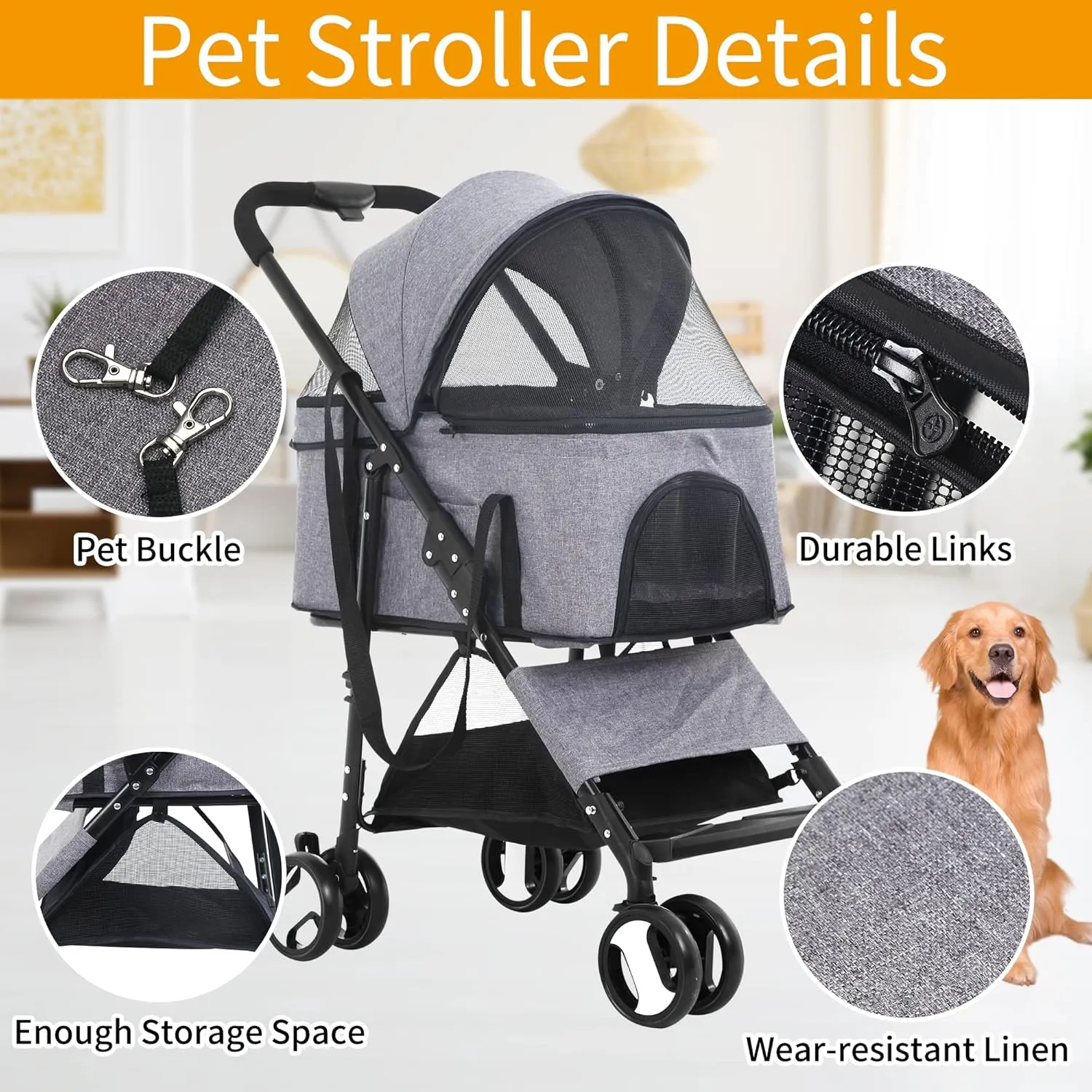 BLKMTY 3-in-1 Folding Pet Stroller - 4 Wheels, Cat & Dog Carrier with Storage Basket, One-Button Switch, Safety Belt, Grey