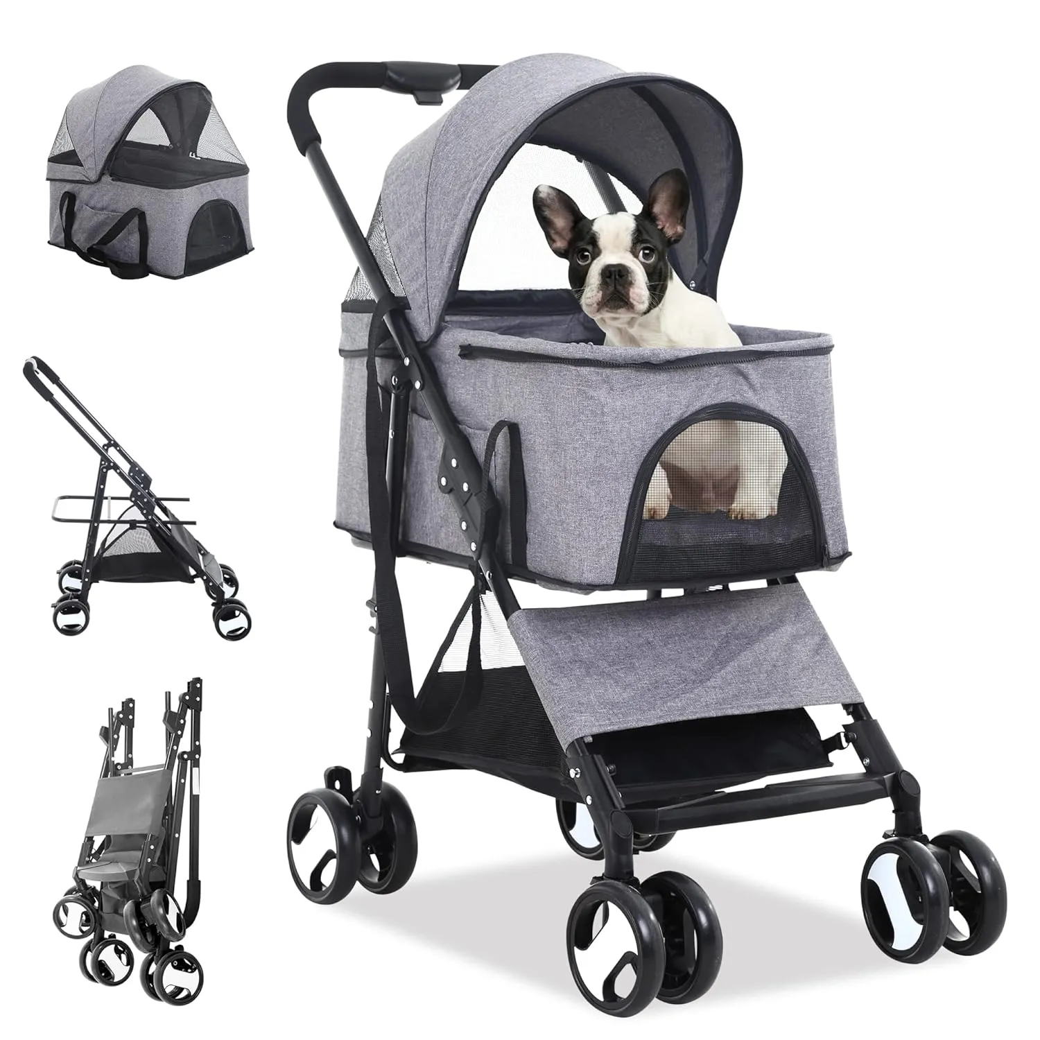 BLKMTY 3-in-1 Folding Pet Stroller - 4 Wheels, Cat & Dog Carrier with Storage Basket, One-Button Switch, Safety Belt, Grey
