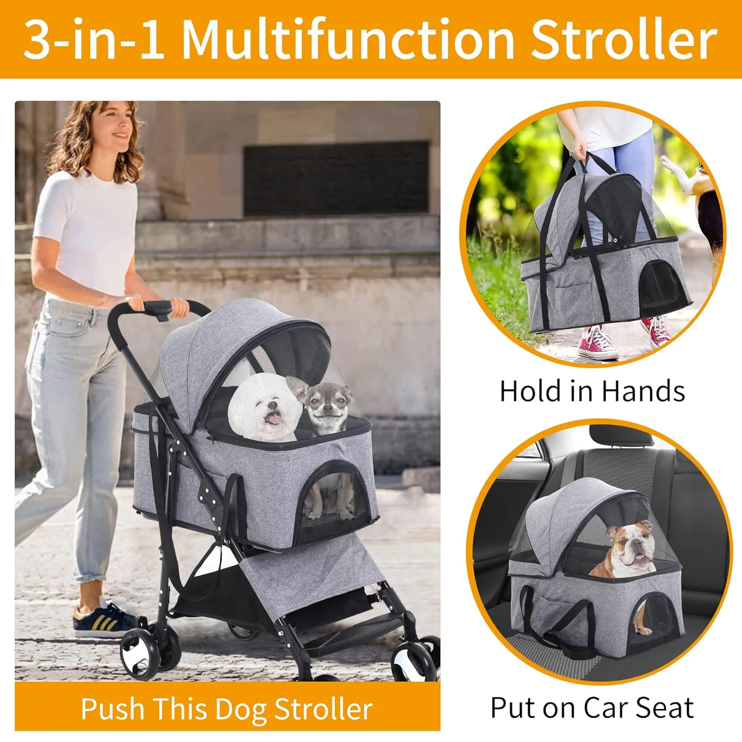 BLKMTY 3-in-1 Folding Pet Stroller - 4 Wheels, Cat & Dog Carrier with Storage Basket, One-Button Switch, Safety Belt, Grey