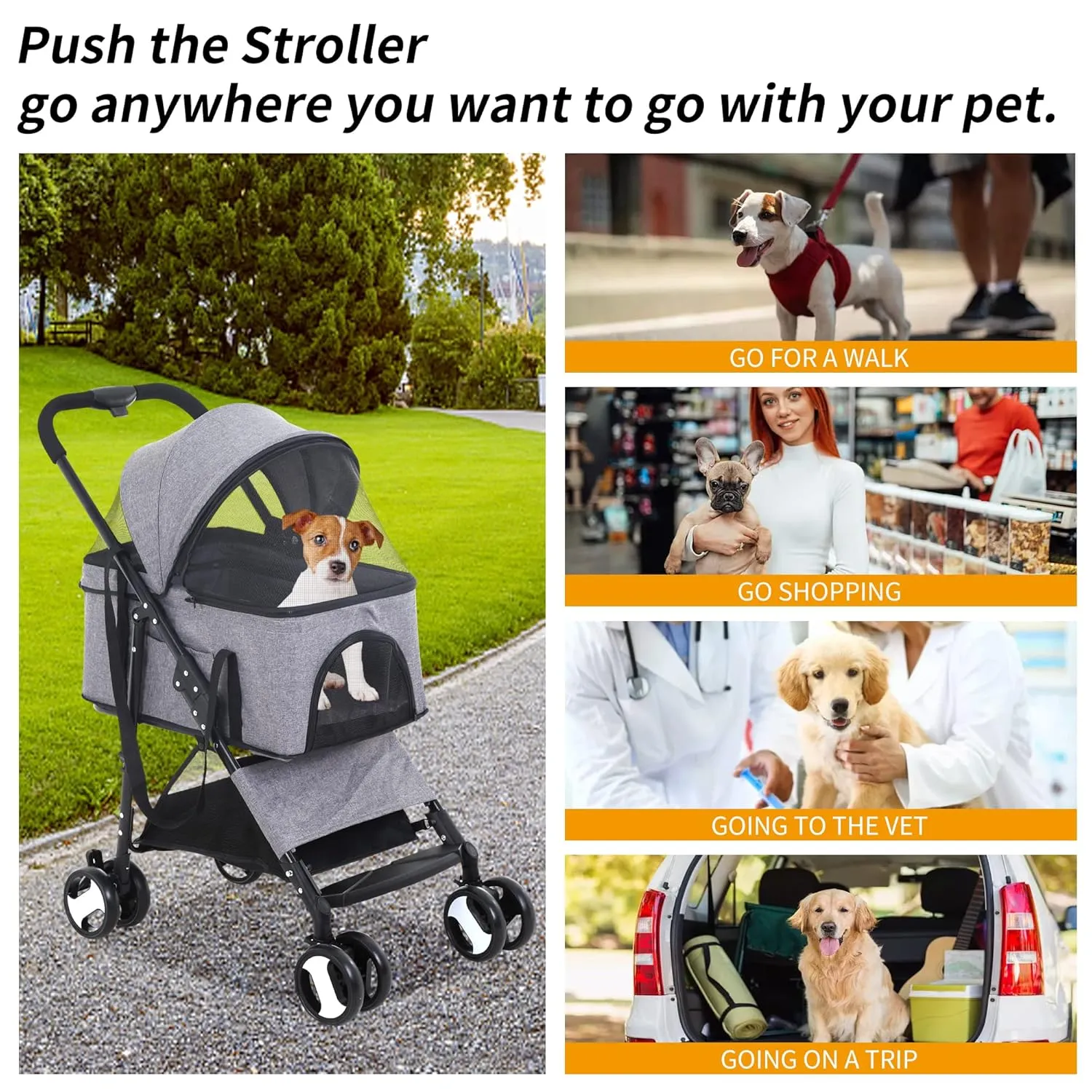 BLKMTY 3-in-1 Folding Pet Stroller - 4 Wheels, Cat & Dog Carrier with Storage Basket, One-Button Switch, Safety Belt, Grey