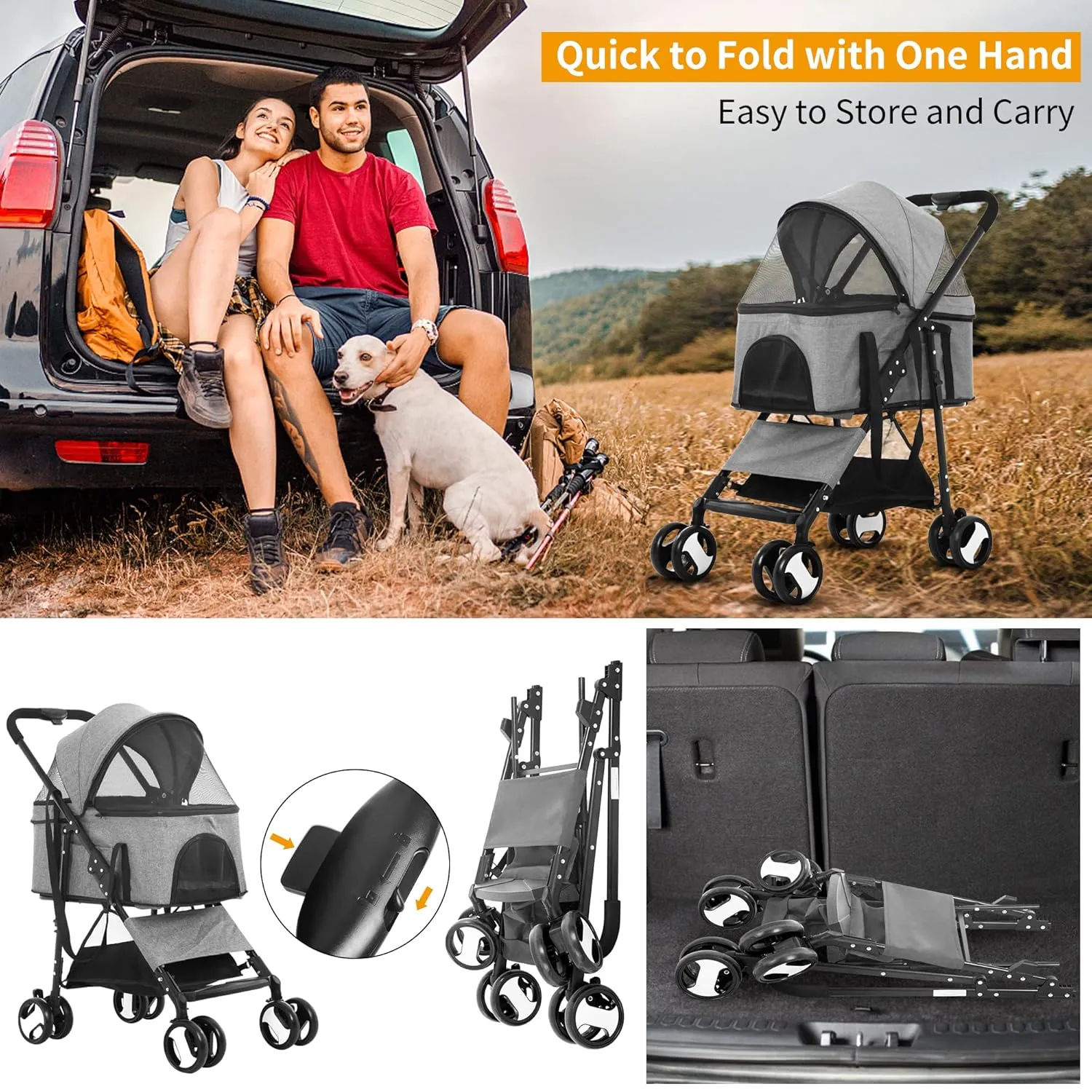 BLKMTY 3-in-1 Folding Pet Stroller - 4 Wheels, Cat & Dog Carrier with Storage Basket, One-Button Switch, Safety Belt, Grey