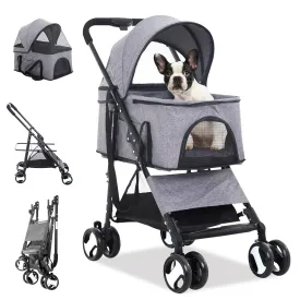 BLKMTY 3-in-1 Folding Pet Stroller - 4 Wheels, Cat & Dog Carrier with Storage Basket, One-Button Switch, Safety Belt, Grey
