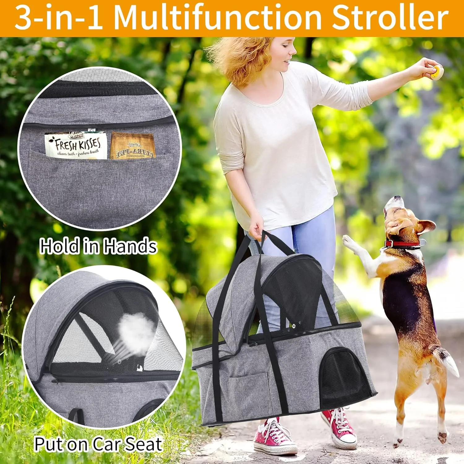 BLKMTY 3-in-1 Folding Pet Stroller - 4 Wheels, Cat & Dog Carrier with Storage Basket, One-Button Switch, Safety Belt, Grey