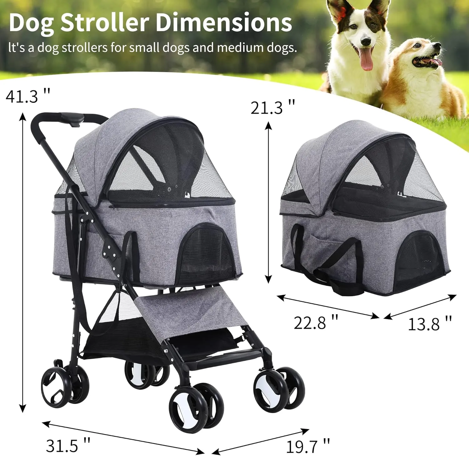 BLKMTY 3-in-1 Folding Pet Stroller - 4 Wheels, Cat & Dog Carrier with Storage Basket, One-Button Switch, Safety Belt, Grey