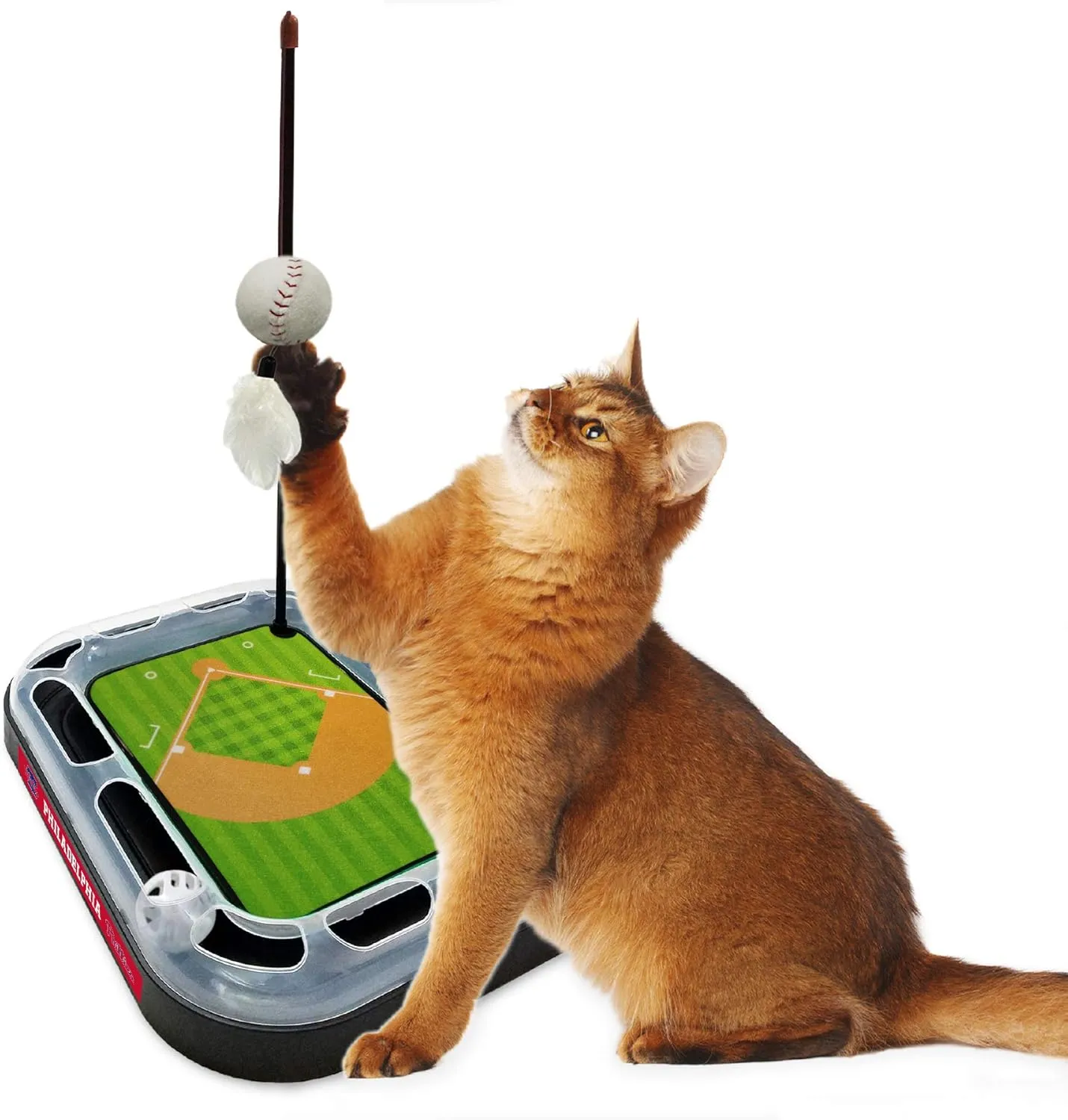 Cat Scratching Toy MLB Philadelphia Phillies Baseball Field Cat Scratcher Toy with Interactive Cat Ball Bell in Tracks. 5-in-1 CAT Toy: Cat Wand Poll with Catnip Filled Plush Baseball & Feathers.