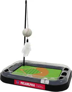 Cat Scratching Toy MLB Philadelphia Phillies Baseball Field Cat Scratcher Toy with Interactive Cat Ball Bell in Tracks. 5-in-1 CAT Toy: Cat Wand Poll with Catnip Filled Plush Baseball & Feathers.