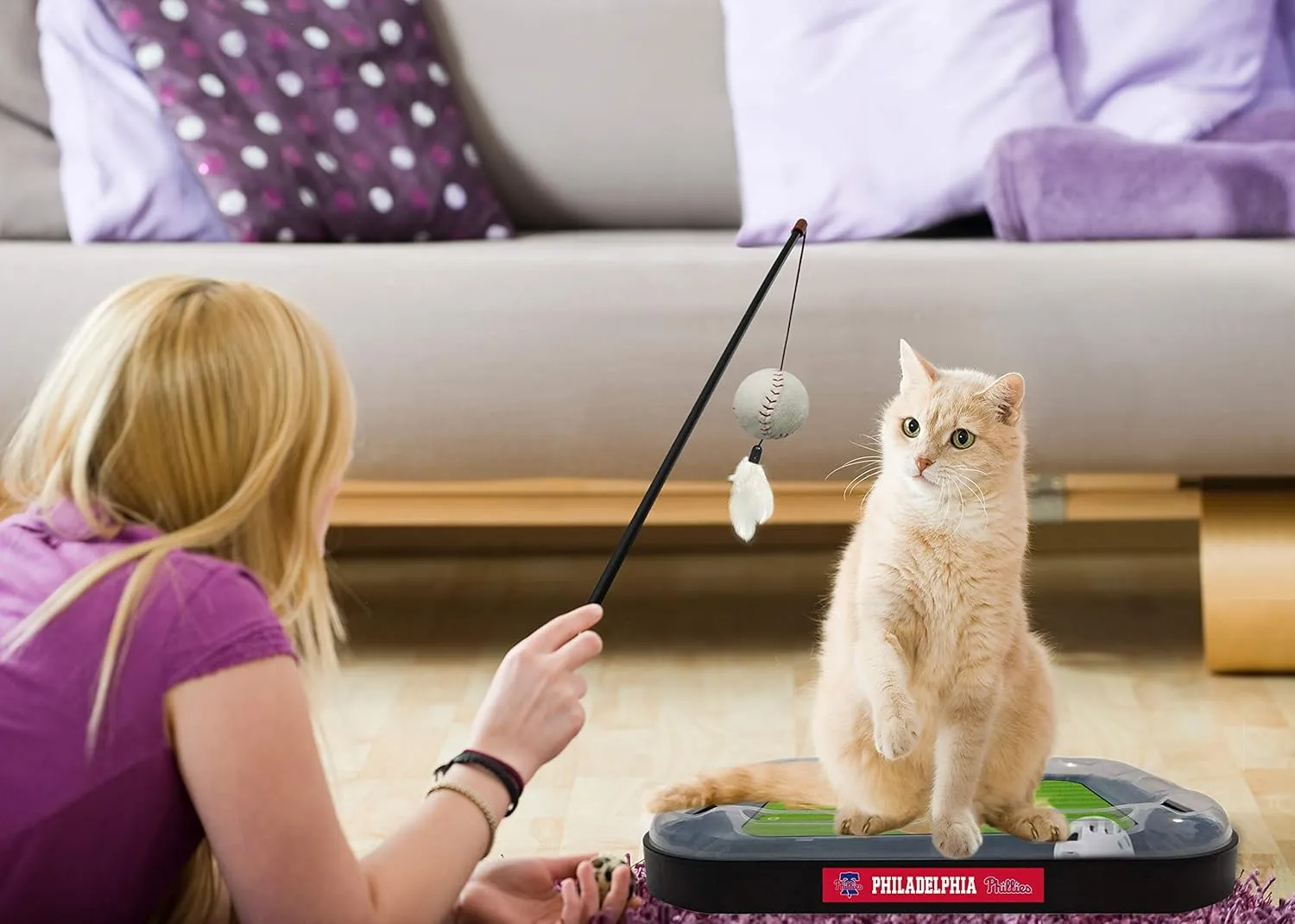 Cat Scratching Toy MLB Philadelphia Phillies Baseball Field Cat Scratcher Toy with Interactive Cat Ball Bell in Tracks. 5-in-1 CAT Toy: Cat Wand Poll with Catnip Filled Plush Baseball & Feathers.