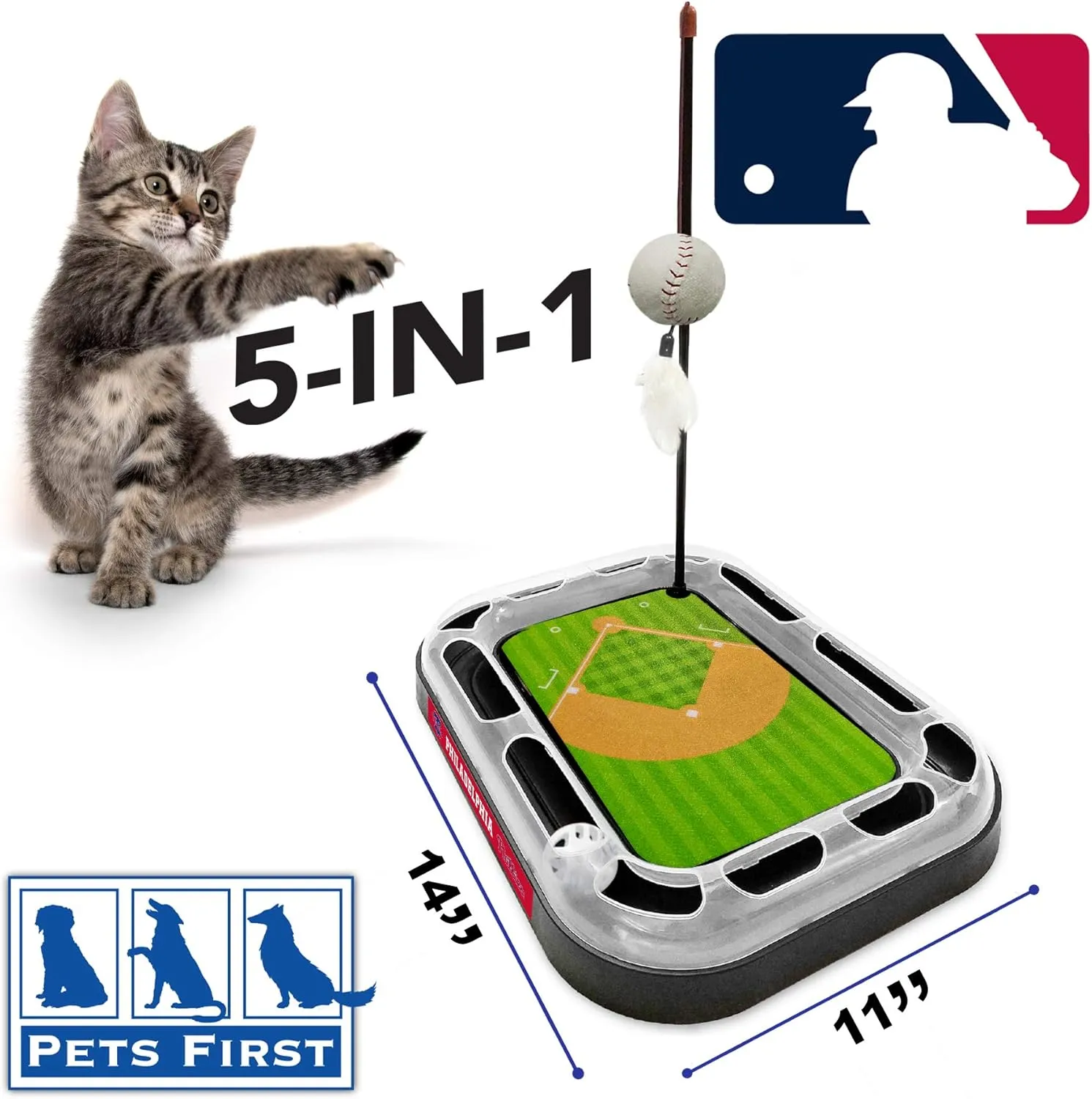 Cat Scratching Toy MLB Philadelphia Phillies Baseball Field Cat Scratcher Toy with Interactive Cat Ball Bell in Tracks. 5-in-1 CAT Toy: Cat Wand Poll with Catnip Filled Plush Baseball & Feathers.