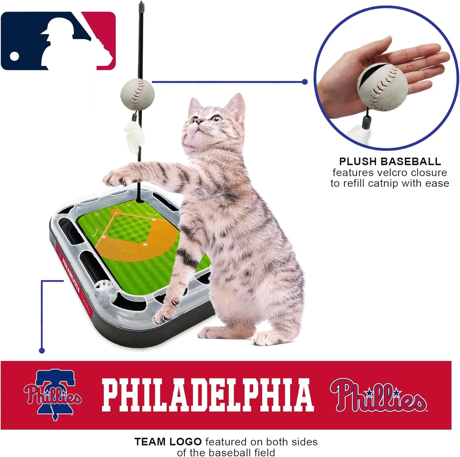 Cat Scratching Toy MLB Philadelphia Phillies Baseball Field Cat Scratcher Toy with Interactive Cat Ball Bell in Tracks. 5-in-1 CAT Toy: Cat Wand Poll with Catnip Filled Plush Baseball & Feathers.