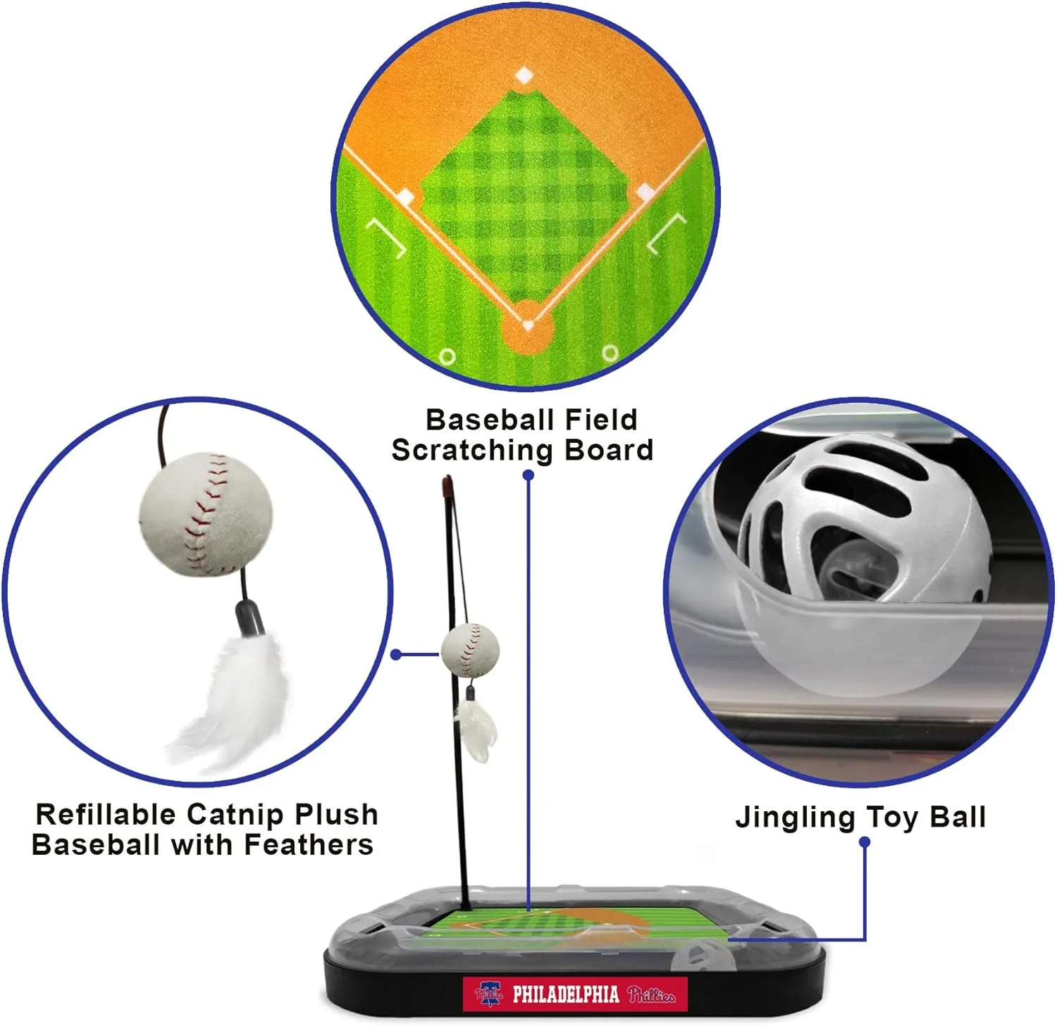 Cat Scratching Toy MLB Philadelphia Phillies Baseball Field Cat Scratcher Toy with Interactive Cat Ball Bell in Tracks. 5-in-1 CAT Toy: Cat Wand Poll with Catnip Filled Plush Baseball & Feathers.
