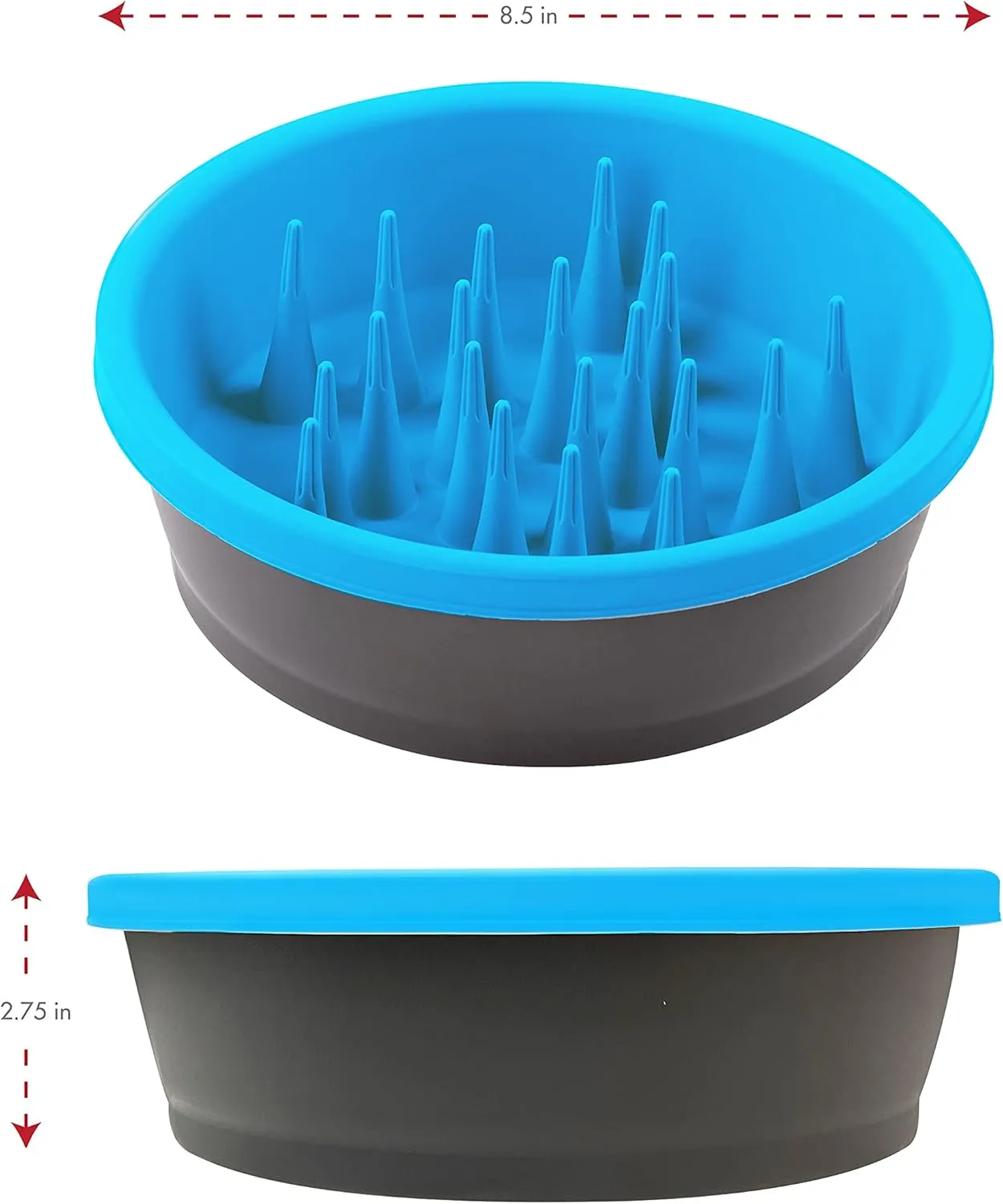 Dexas Slow Feeder Dog Bowl for Healthier Digestion, Teeth and Gums, 6 Cup Capacity, Gray and Blue