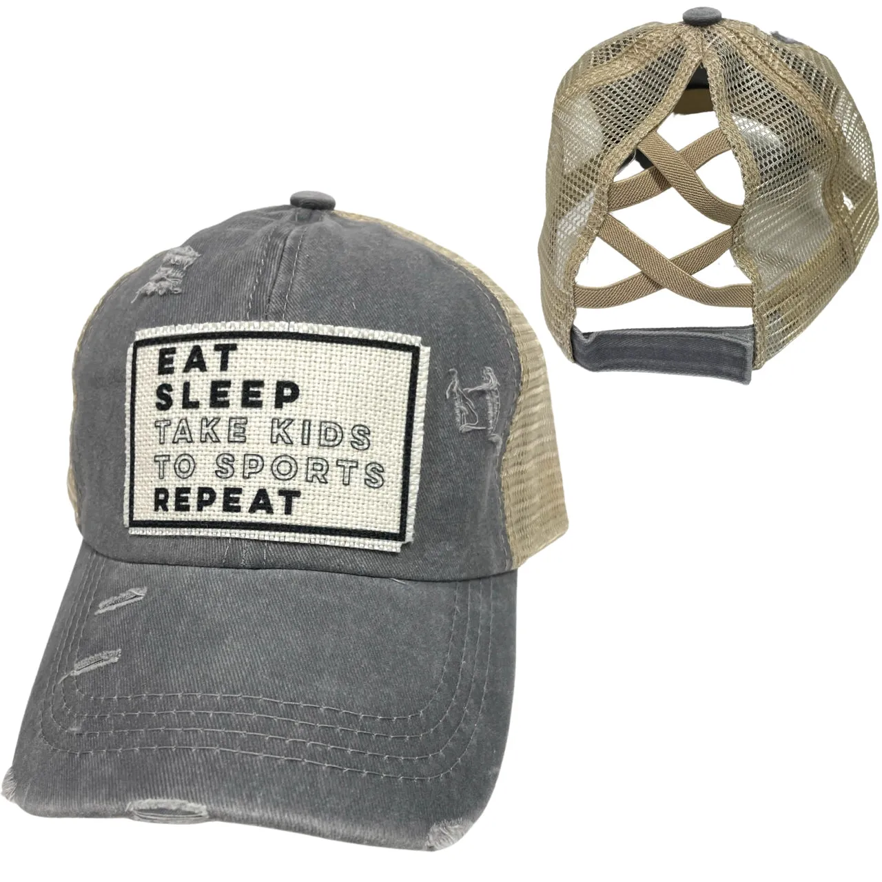 DK Handmade Eat Sleep Take Kids To Sports Criss-Cross Ponytail Hat