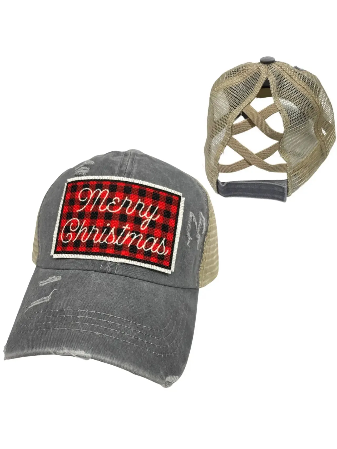 DK Handmade Merry Christmas Buffalo Check Criss-Cross Ponytail Hat