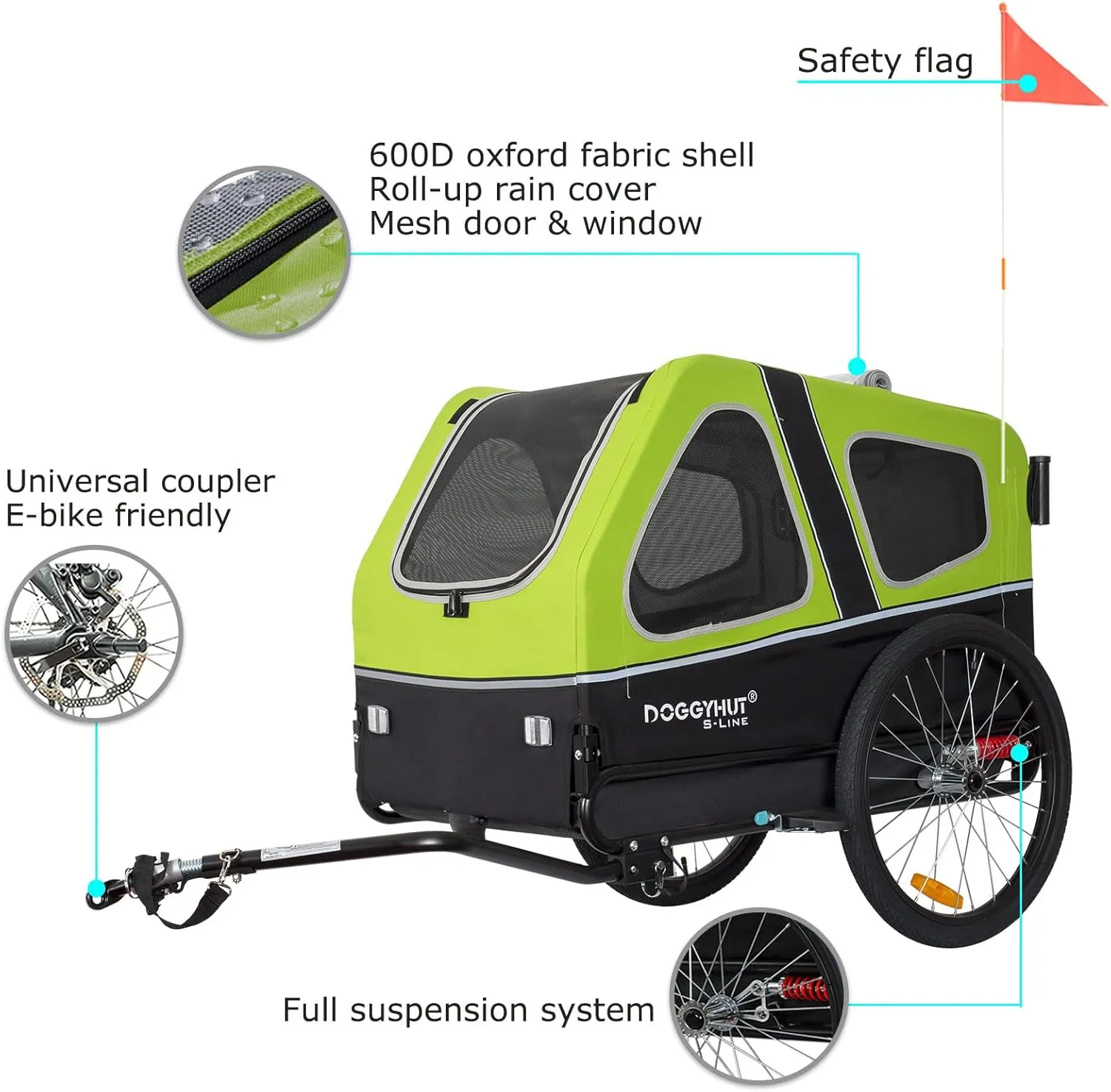 DOGGYHUT S-Line XL Pet Bike Trailer & Stroller for Dogs Up to 100 lbs,Folding Frame Cart, Suspension Wheels,Low Center of Gravity, Parking Brakes
