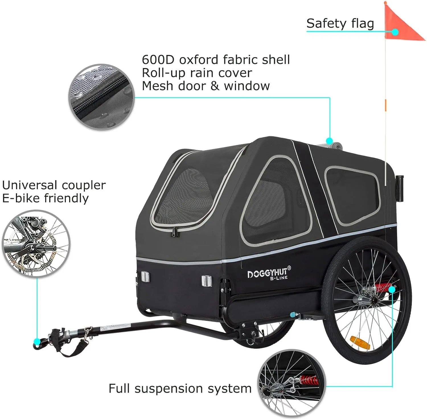 DOGGYHUT S-Line XL Pet Bike Trailer & Stroller for Dogs Up to 100 lbs,Folding Frame Cart, Suspension Wheels,Low Center of Gravity, Parking Brakes