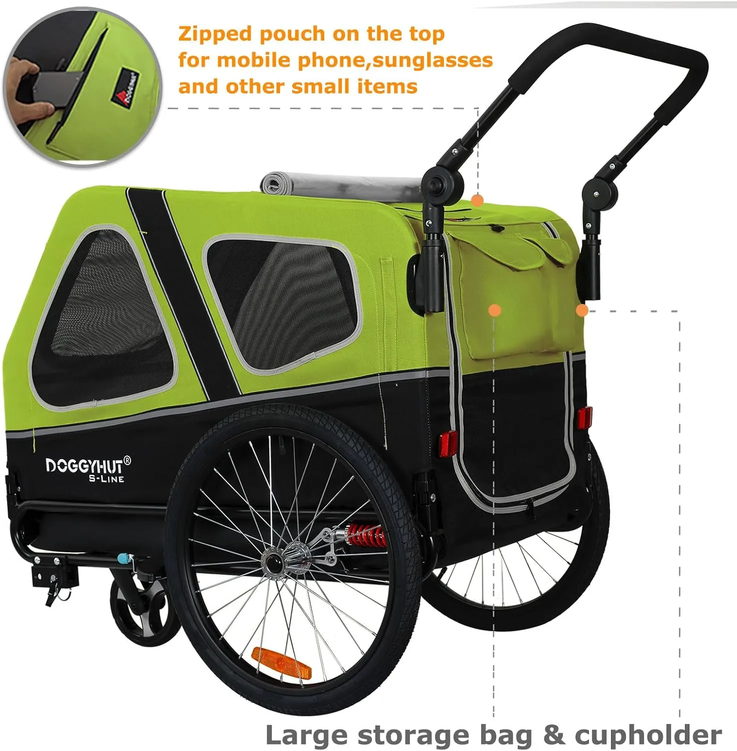 DOGGYHUT S-Line XL Pet Bike Trailer & Stroller for Dogs Up to 100 lbs,Folding Frame Cart, Suspension Wheels,Low Center of Gravity, Parking Brakes