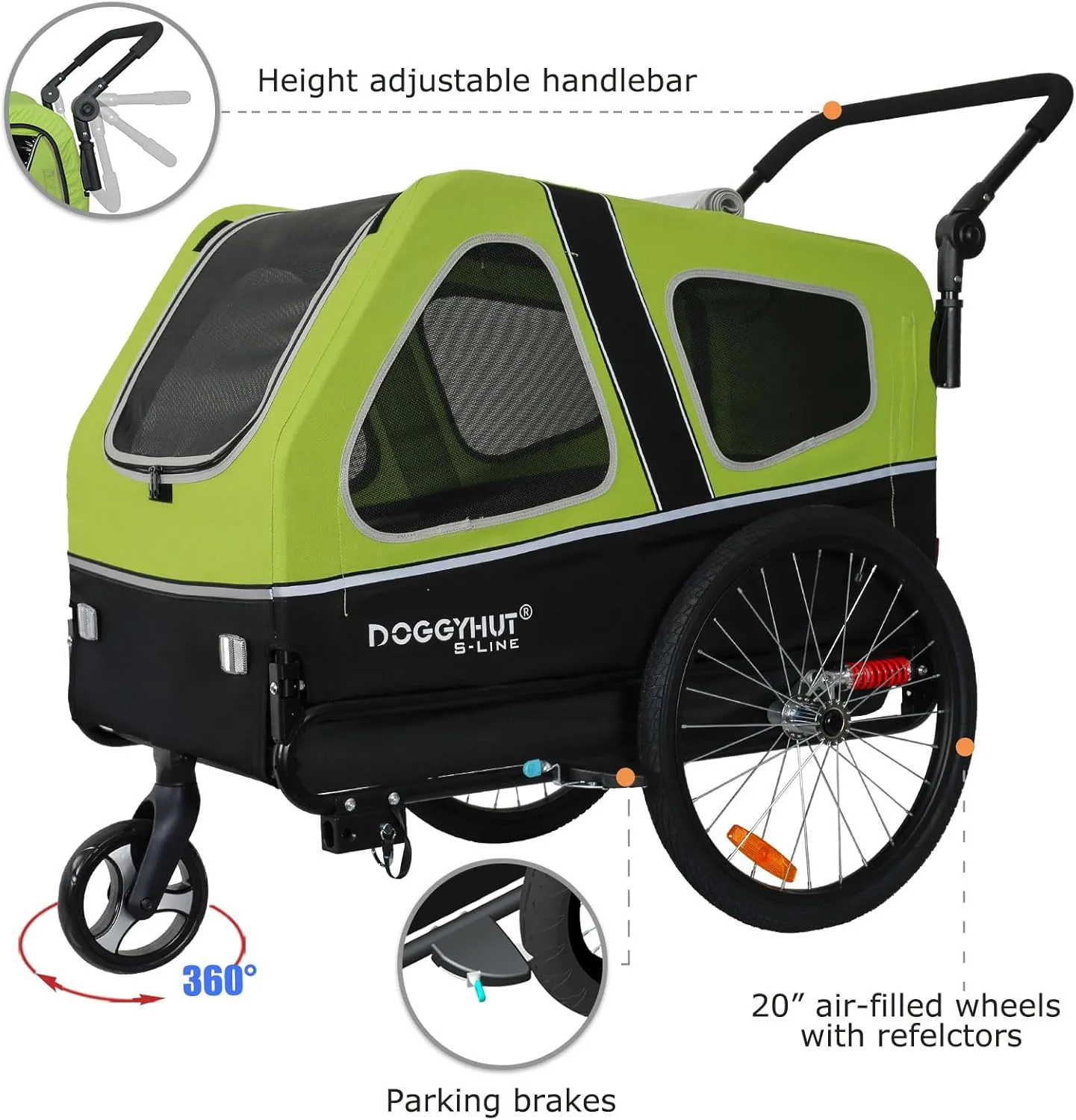 DOGGYHUT S-Line XL Pet Bike Trailer & Stroller for Dogs Up to 100 lbs,Folding Frame Cart, Suspension Wheels,Low Center of Gravity, Parking Brakes