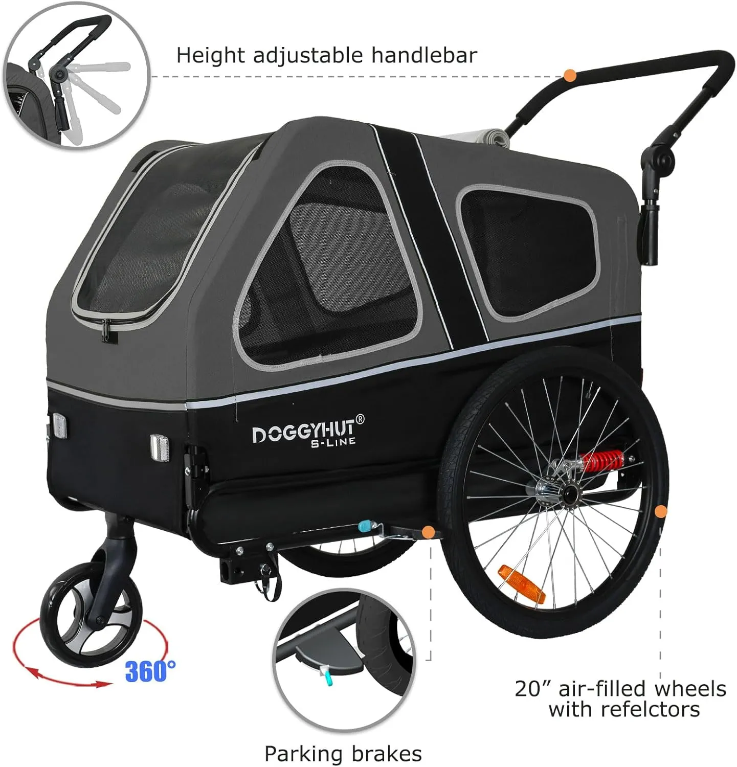 DOGGYHUT S-Line XL Pet Bike Trailer & Stroller for Dogs Up to 100 lbs,Folding Frame Cart, Suspension Wheels,Low Center of Gravity, Parking Brakes