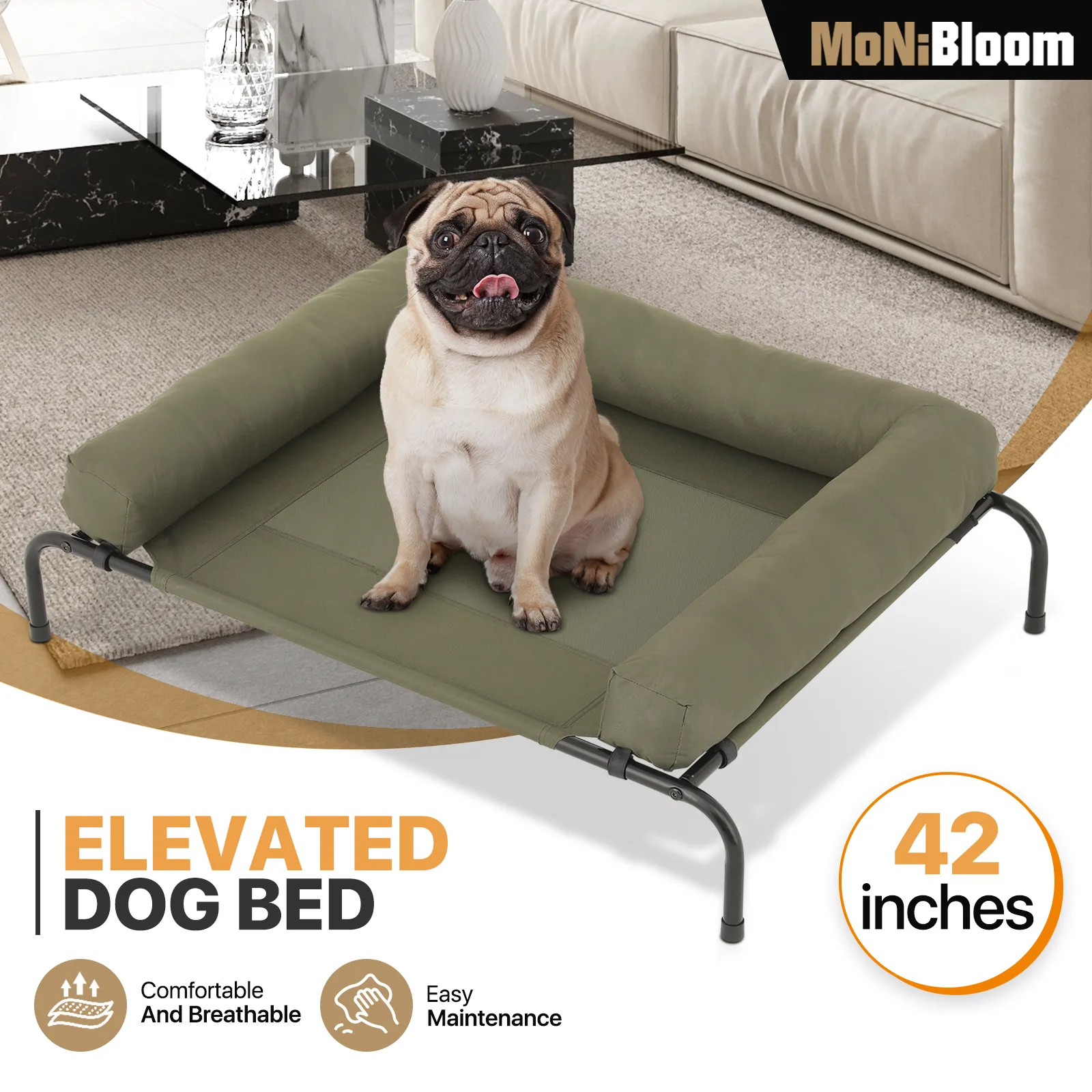 Elevated Dog Bed - w/ Removable Bolster - 42'' Length