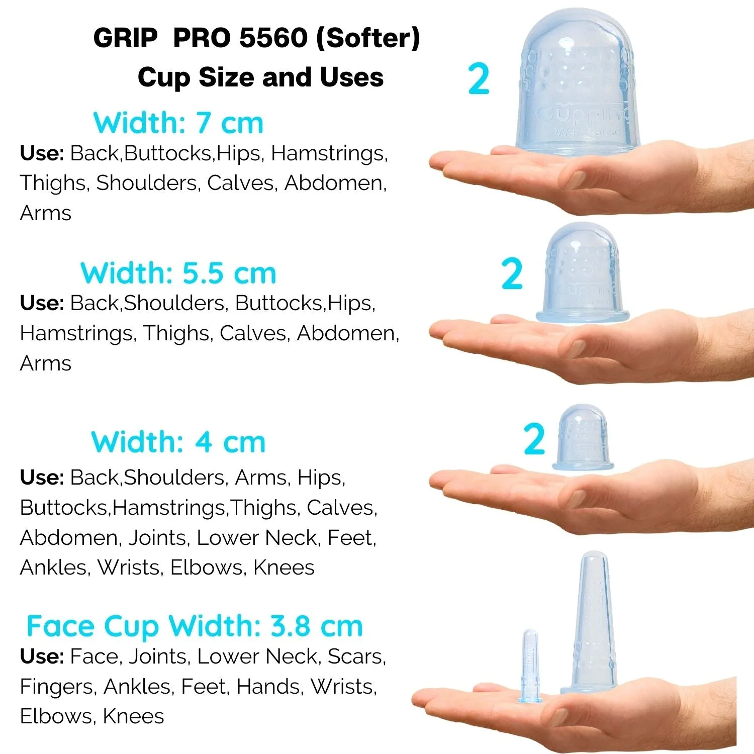 GRIP 8 Beginner Self Care Body & Face - Softer Silicone Cupping Set - US, CA, MX, BR, UK, AU