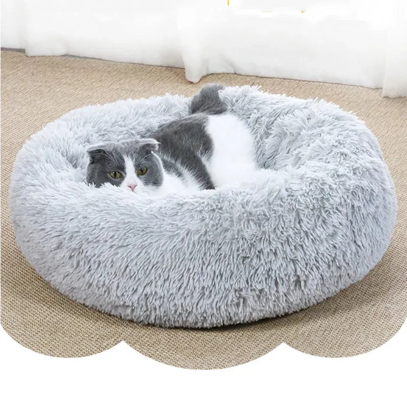 Heated Pet Bed 2 In 1Pet Dog Cat Bed Round Plush Cat Warm Bed House Soft Long Plush Bed For Small Dogs Cats Nest Donut Warming Sleeping Bed
