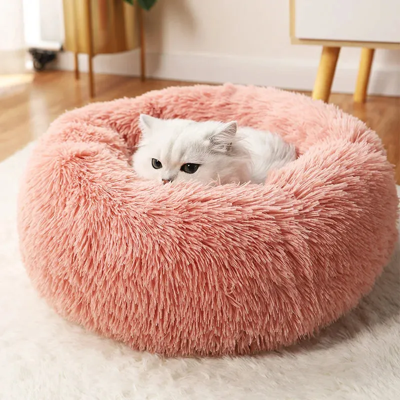 Heated Pet Bed 2 In 1Pet Dog Cat Bed Round Plush Cat Warm Bed House Soft Long Plush Bed For Small Dogs Cats Nest Donut Warming Sleeping Bed