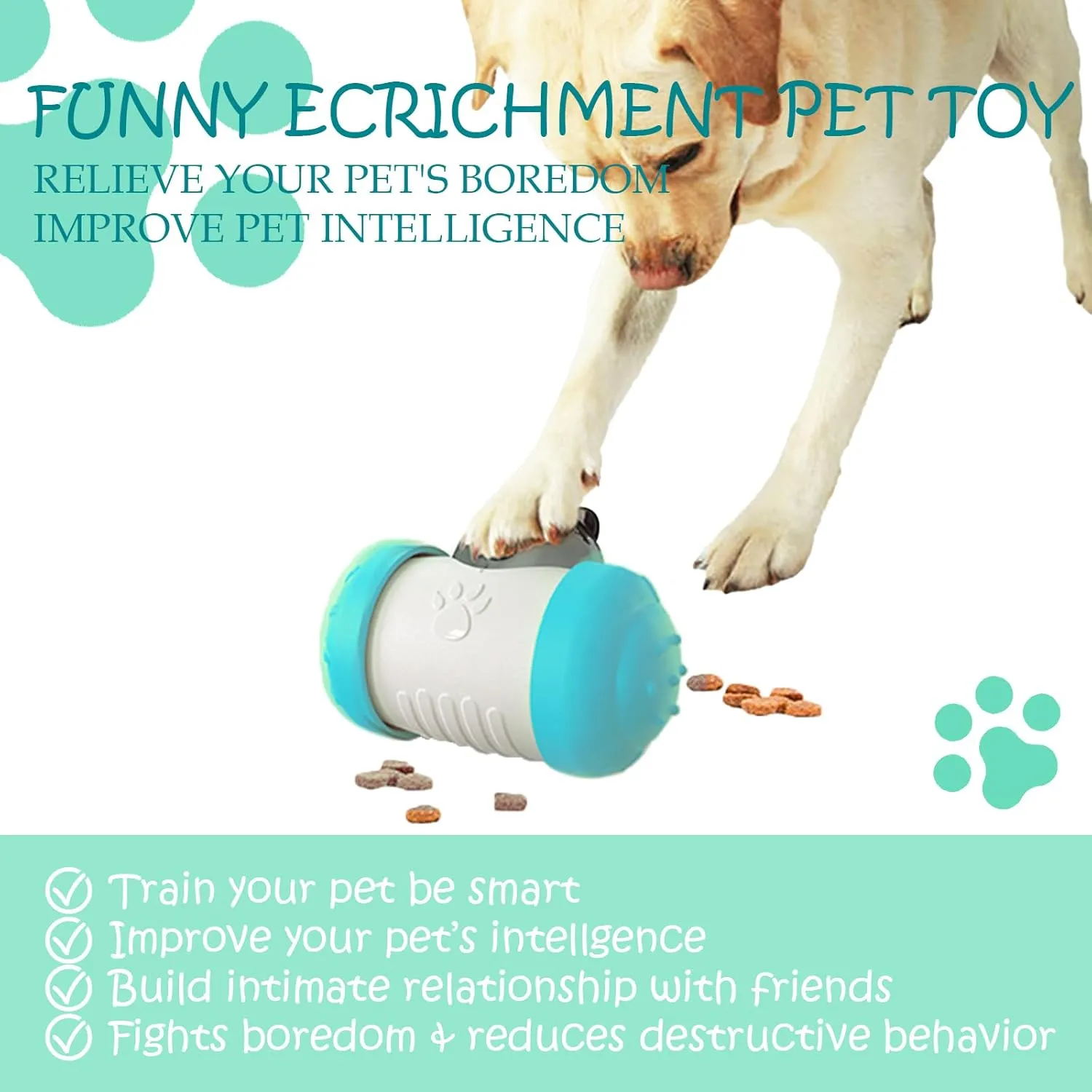 Interactive Paw-Operated Slow Feeder Treat Dispenser Toy for Dog, Cats, Bunny, Hamster - Rolling Puzzle Ball, Food Dropping, Anxiety Relief(Blue)