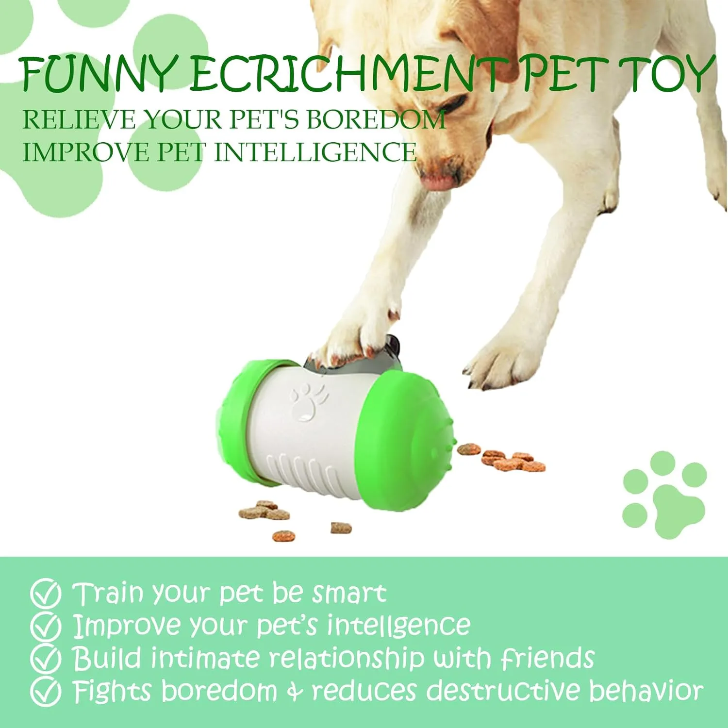 Interactive Paw-Operated Slow Feeder Treat Dispenser Toy for Dog, Cats, Bunny, Hamster - Rolling Puzzle Ball, Food Dropping, Anxiety Relief(Green)