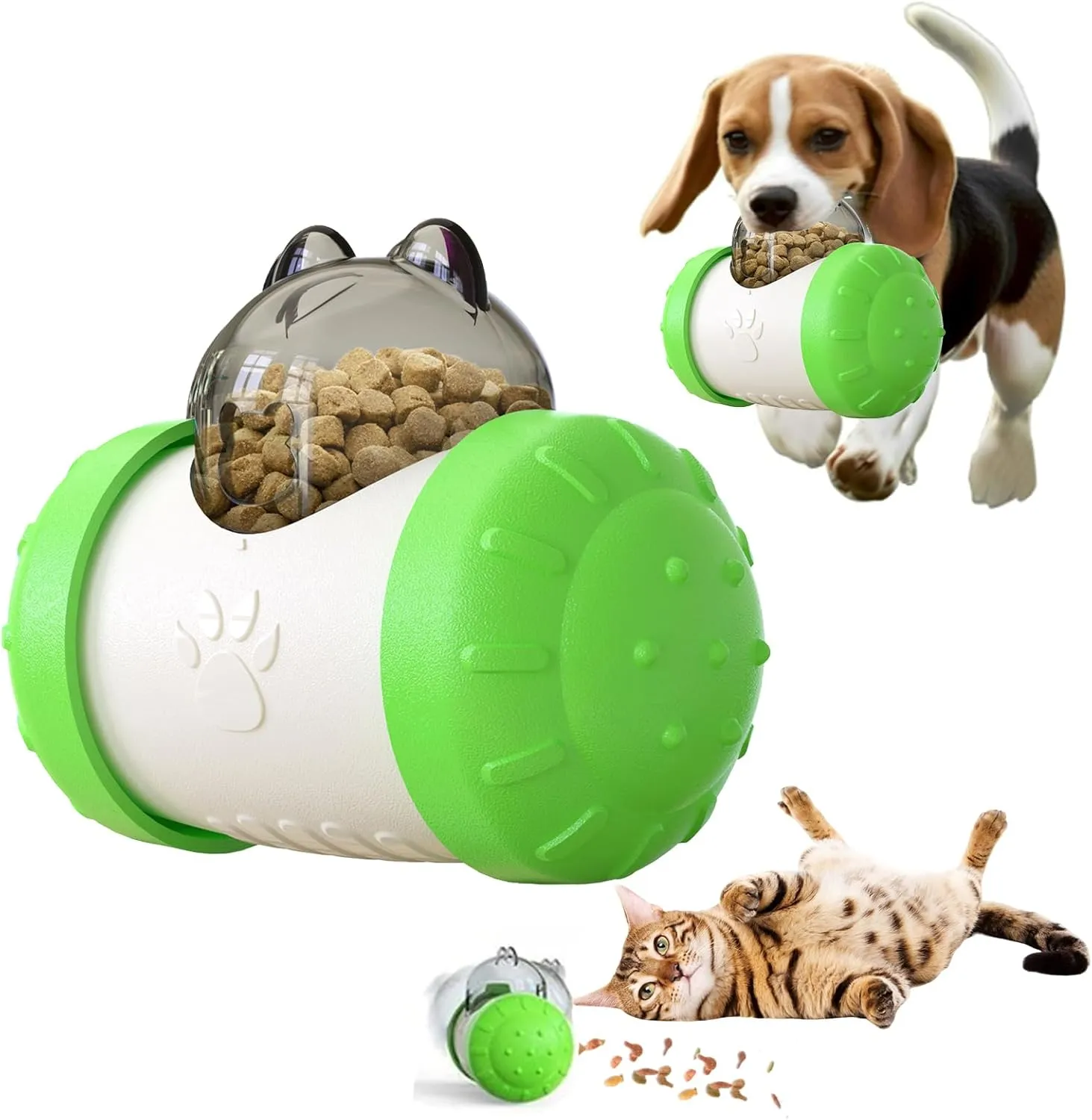 Interactive Paw-Operated Slow Feeder Treat Dispenser Toy for Dog, Cats, Bunny, Hamster - Rolling Puzzle Ball, Food Dropping, Anxiety Relief(Green)