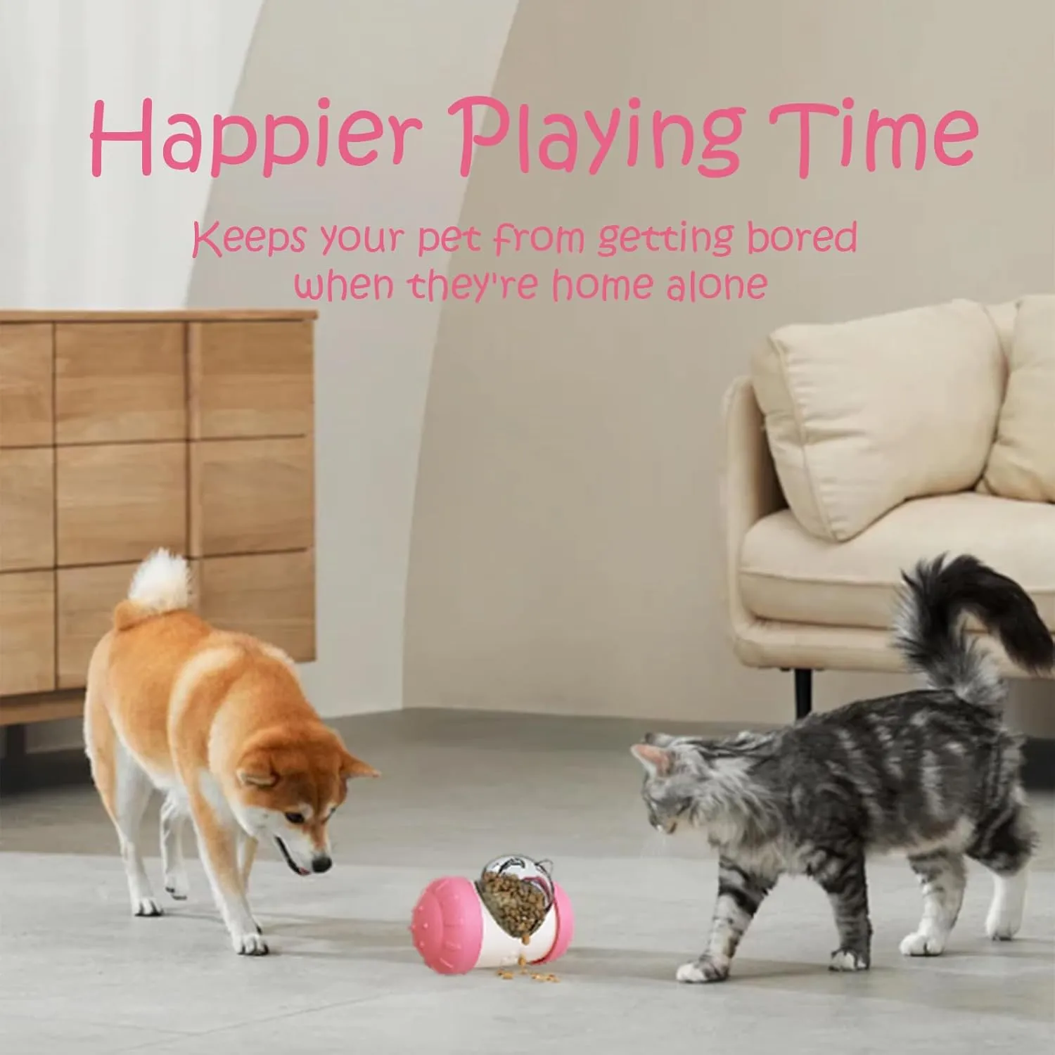 Interactive Paw-Operated Slow Feeder Treat Dispenser Toy for Dog, Cats, Bunny, Hamster - Rolling Puzzle Ball, Food Dropping, Anxiety Relief(Pink)