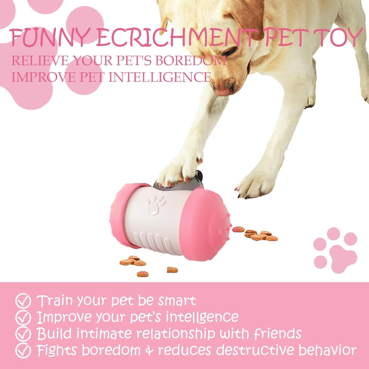 Interactive Paw-Operated Slow Feeder Treat Dispenser Toy for Dog, Cats, Bunny, Hamster - Rolling Puzzle Ball, Food Dropping, Anxiety Relief(Pink)