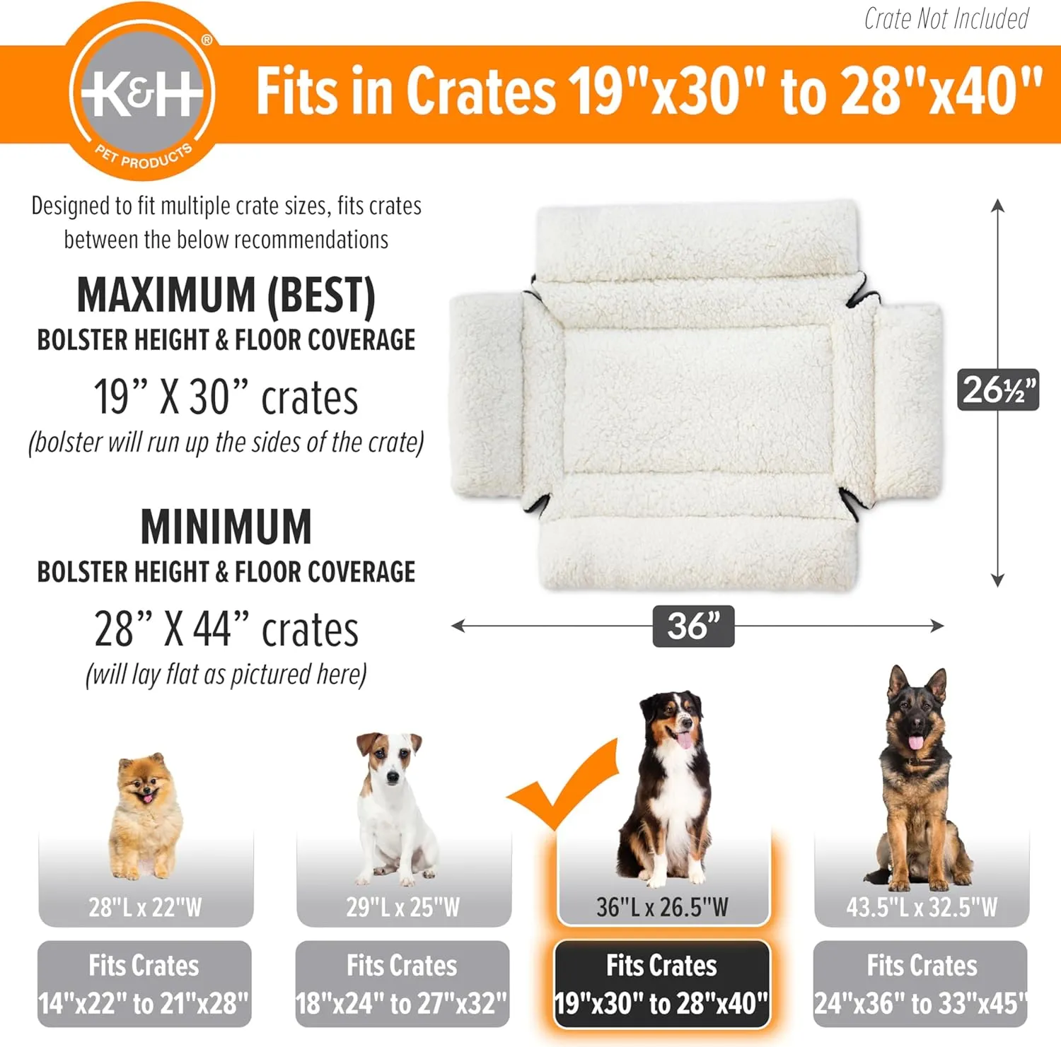 K&H Pet Products Ultra Plush Deluxe Bolster Dog Crate Pad, Dog Bed for Large Crates, Kennels, and Cages, Soft Indoor Portable Machine Washable Pet Mat - Fleece Large