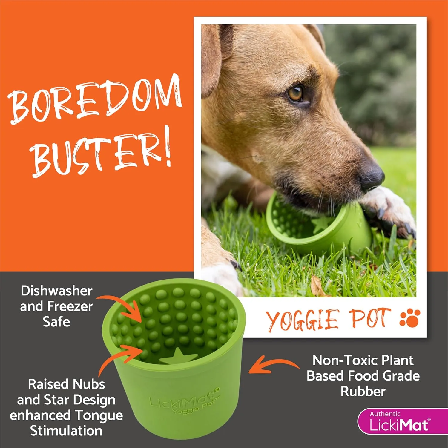 LICKIMAT Yoggie Pot - Distraction, Fun and Enrichment. Long Lasting Rubber Licking Treat Dispenser for All Dog Sizes and Slow Feeder for Small Dogs - Orange