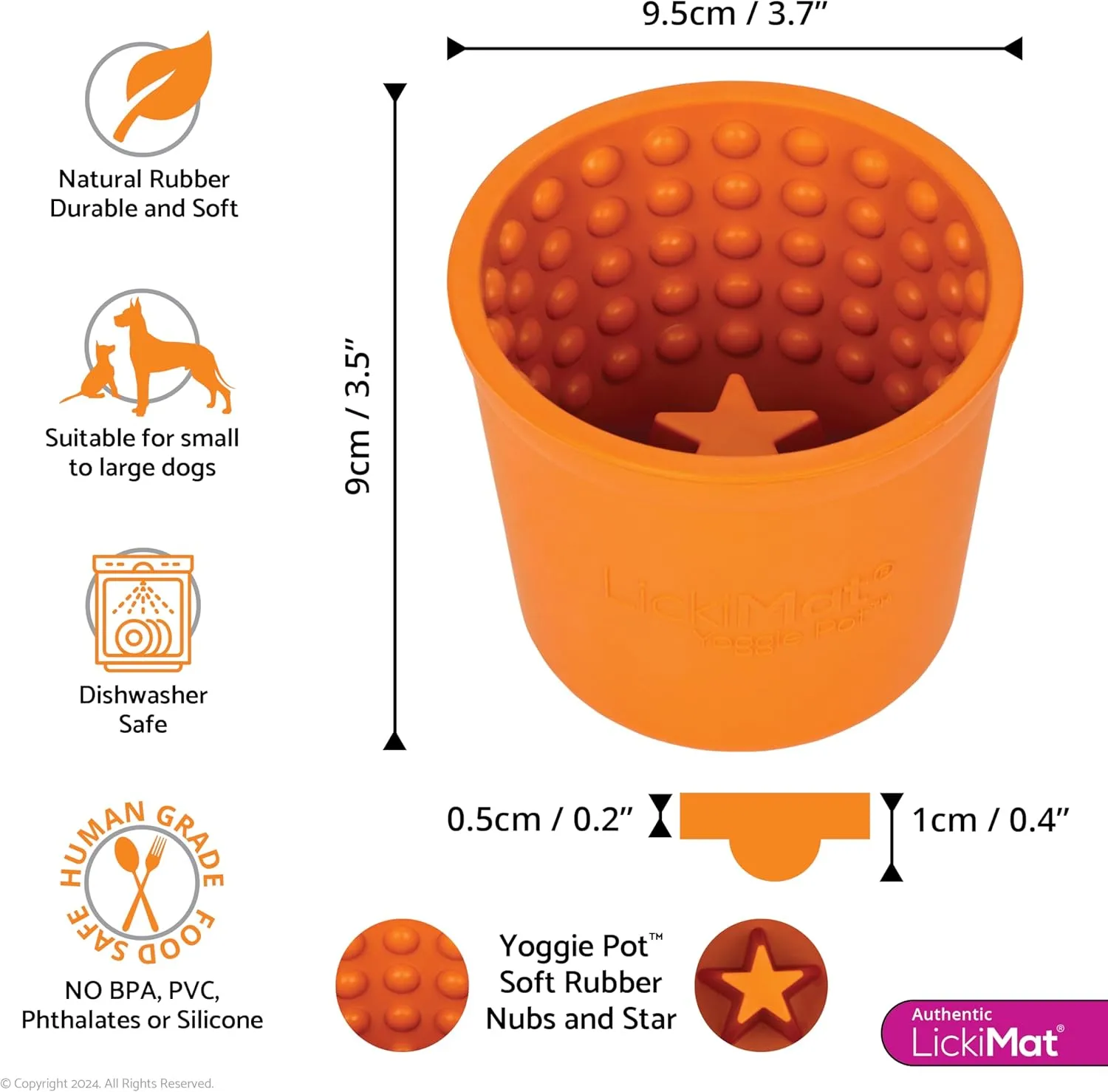 LICKIMAT Yoggie Pot - Distraction, Fun and Enrichment. Long Lasting Rubber Licking Treat Dispenser for All Dog Sizes and Slow Feeder for Small Dogs - Orange