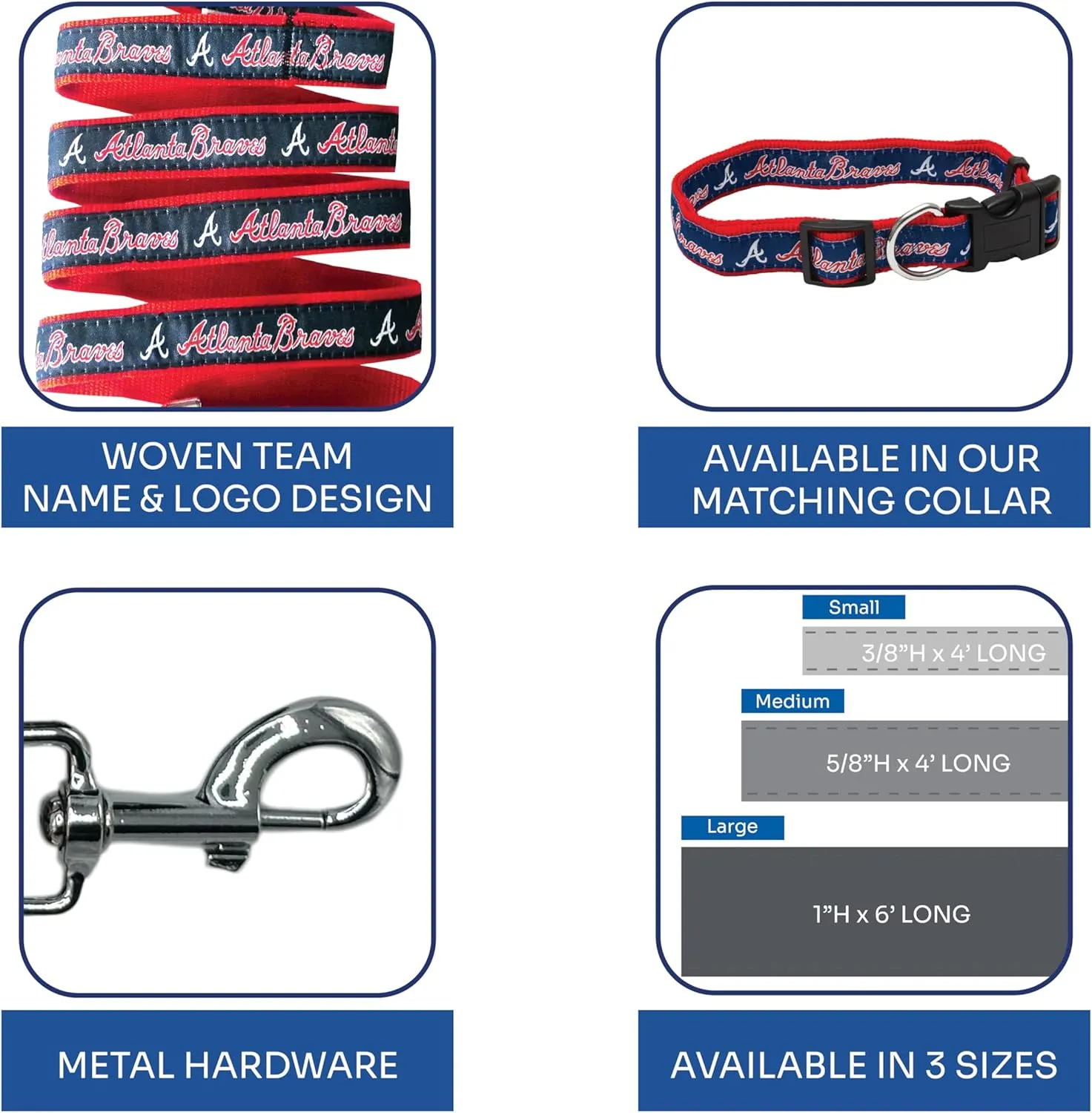MLB PET Leash, Large, Atlanta Braves Dog Leash, Baseball Team Leash for Dogs & Cats. A Shiny & Colorful Dog & Cat Leash with Emboridered Team Name/Logo Licensed by The MLB