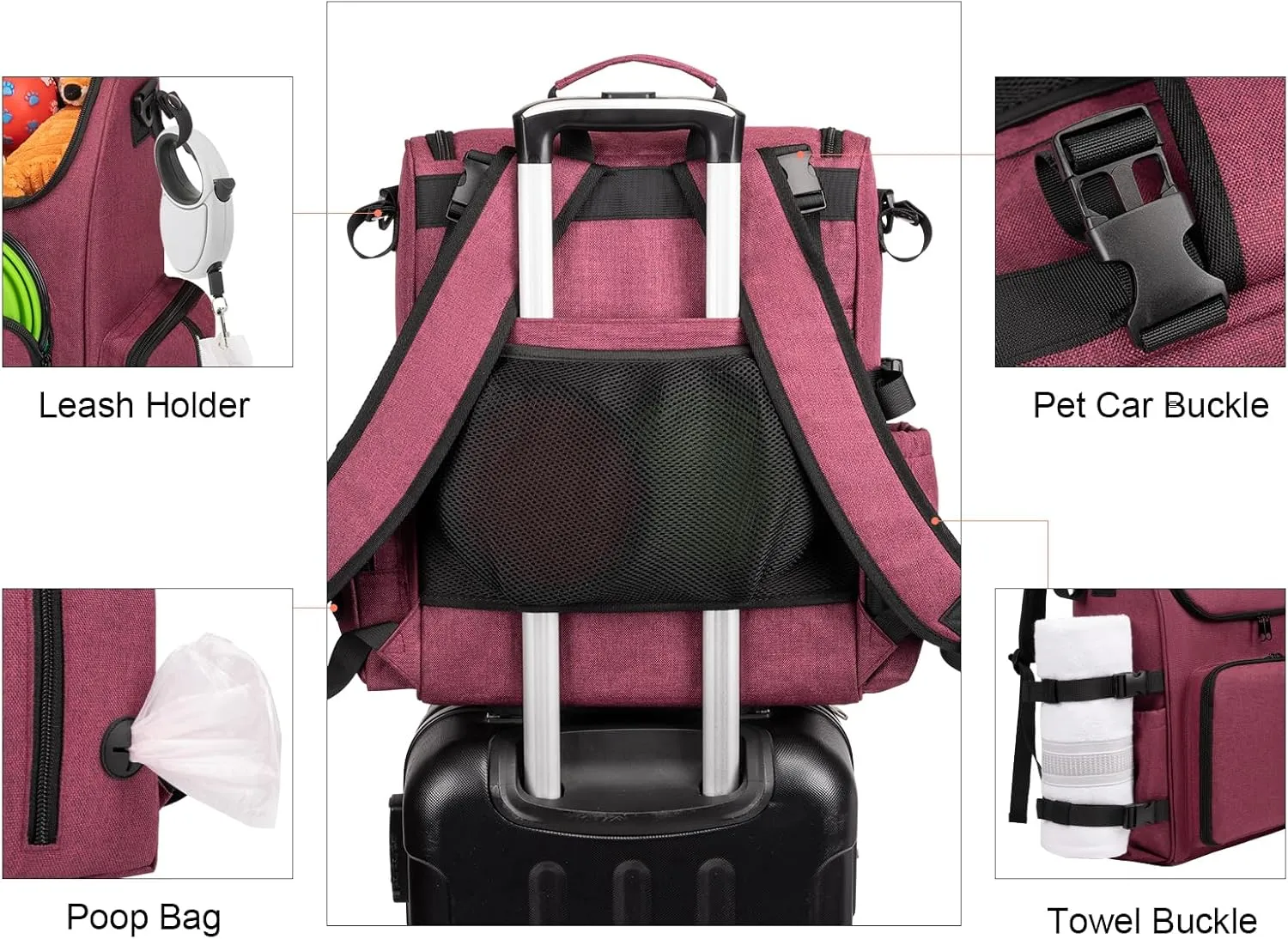 Modoker Dog Travel Bag Backpack, Airline Approved Pet Accessories Organizer for Dog and Cat with Shoulder Strap, 2 Dog Food Storage Containers, 2 Collapsible Dog Bowls,1 Pet Mat, Rose Red