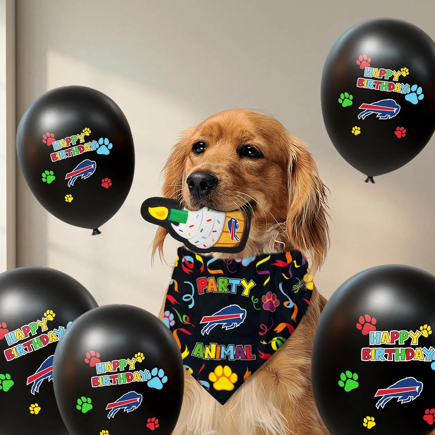 NFL Buffalo Bills Dog Birthday Party Set 8 pcs with 1 Football Bandana Large/X-Large, 1 Birthday Cake Toy & 6 B-Day Balloons, Dog Birthday Set, Costume, Fun Doggie Pawty Accessories